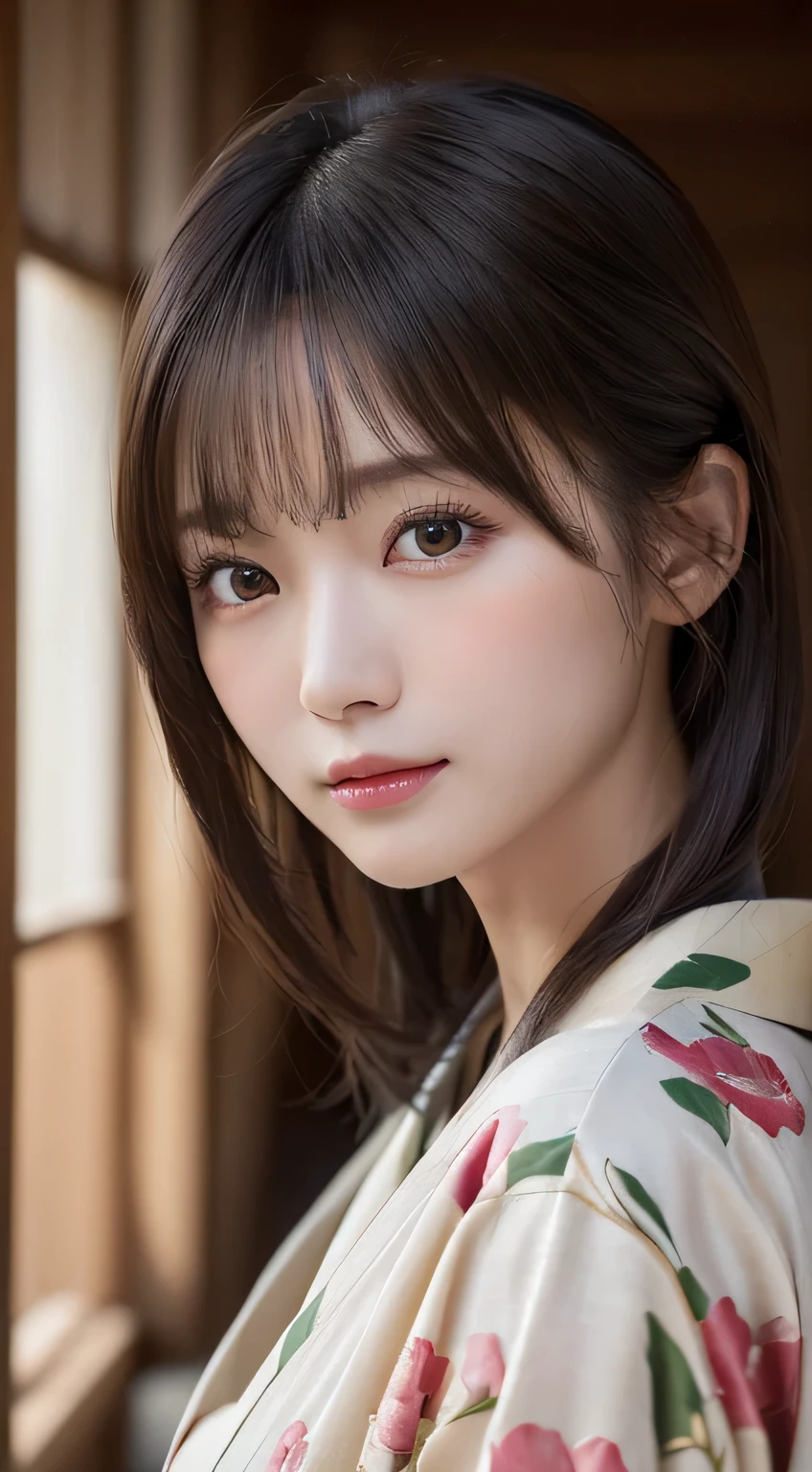(Kimono）、(23years old)、(top-quality,​masterpiece:1.3,超A high resolution,),(ultra-detailliert,Caustics),(Photorealsitic:1.4,RAW shooting,)Ultra-realistic capture,A highly detailed,high-definition16Kfor human skin、 Skin texture is natural、、The skin looks healthy with an even tone、 Use natural light and color、(One Woman)、japanes,,kawaii,A dark-haired,Middle hair,(depth of fields、chromatic abberation、Wide range of lighting、Natural Shading)