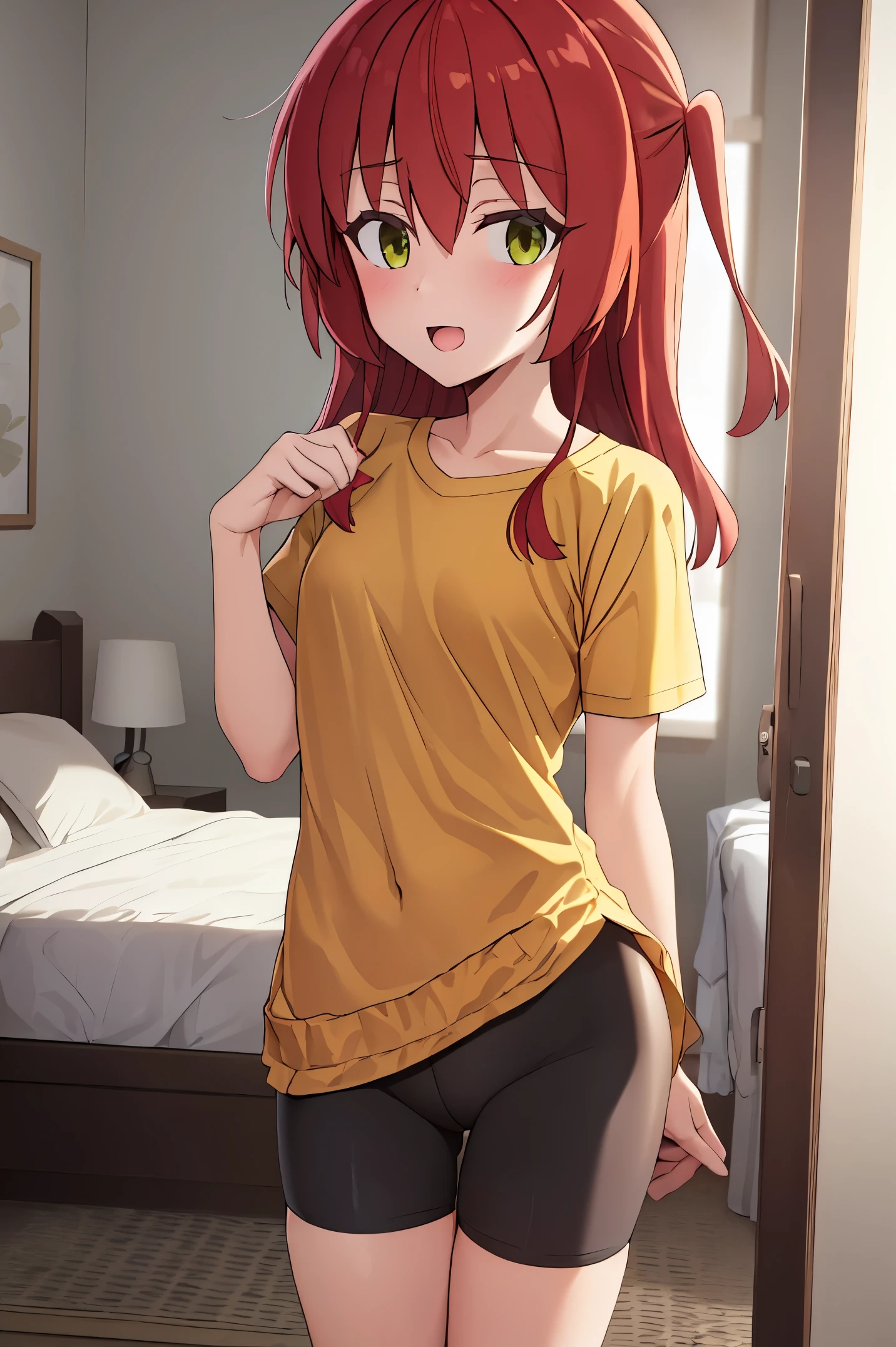1 girl, best quality, ultra high res, long hair, red hair, green eyes, looking at viewers, small breast, standing, pov, slim body, body, small body, smile, open mouth, yellow shirt, short sleeves, bike shorts, bedroom, white bed sheets, bike shorts under shirt,