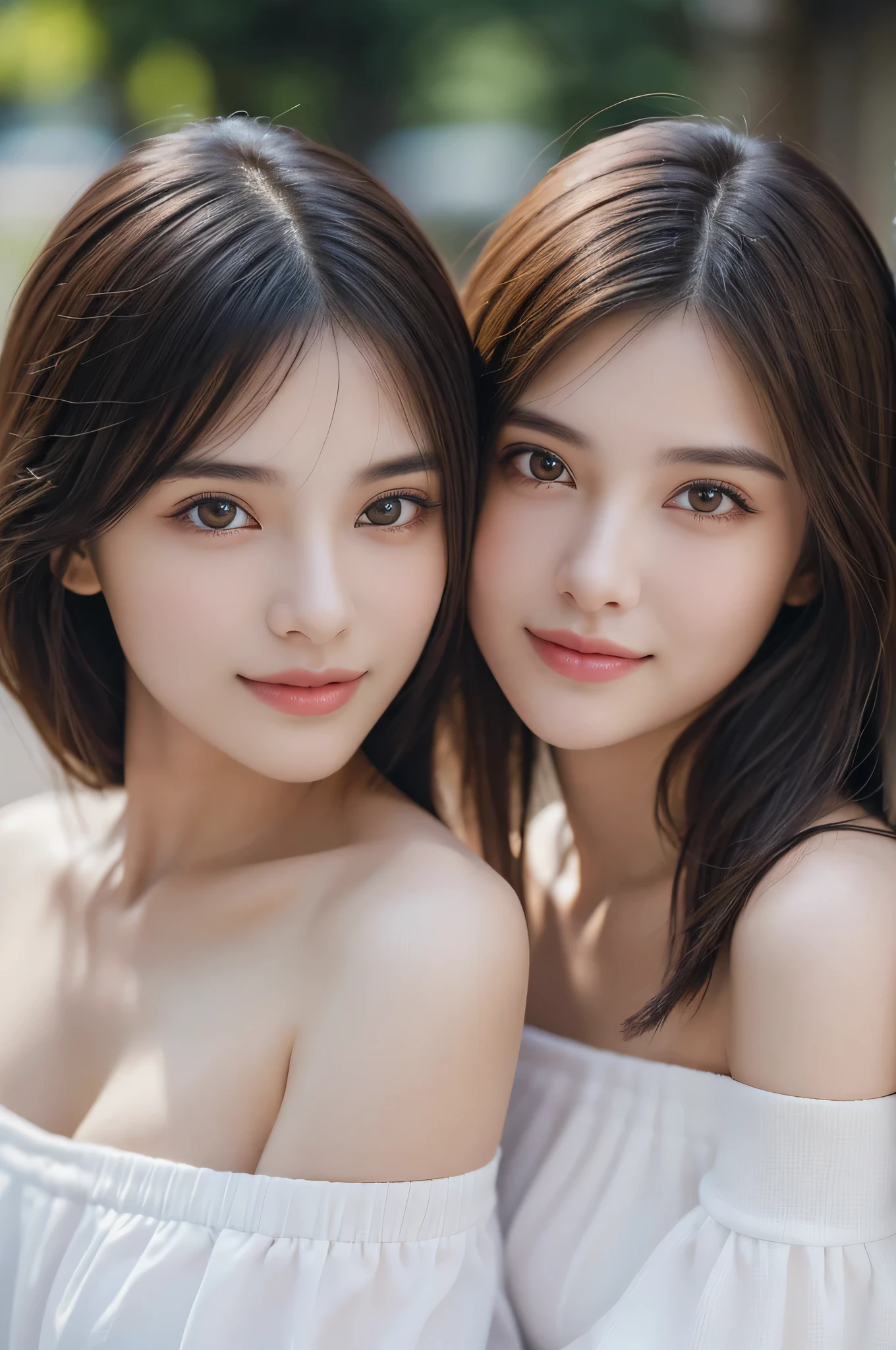 (2girls:1.3), (Ultra Realistic, hight resolution), (Highly detailed eyes, Highly detailed hair, Highly detailed face, Highly detailed plump lips), (off shoulder with open breasts), breasts, Upper body, Search Smile, (Best Quality:1.4), Raw photo, (Realistic, photo-Realistic:1.37), Professional Photography, Cinematic Light, (Fine face: 1.2), (View from above),