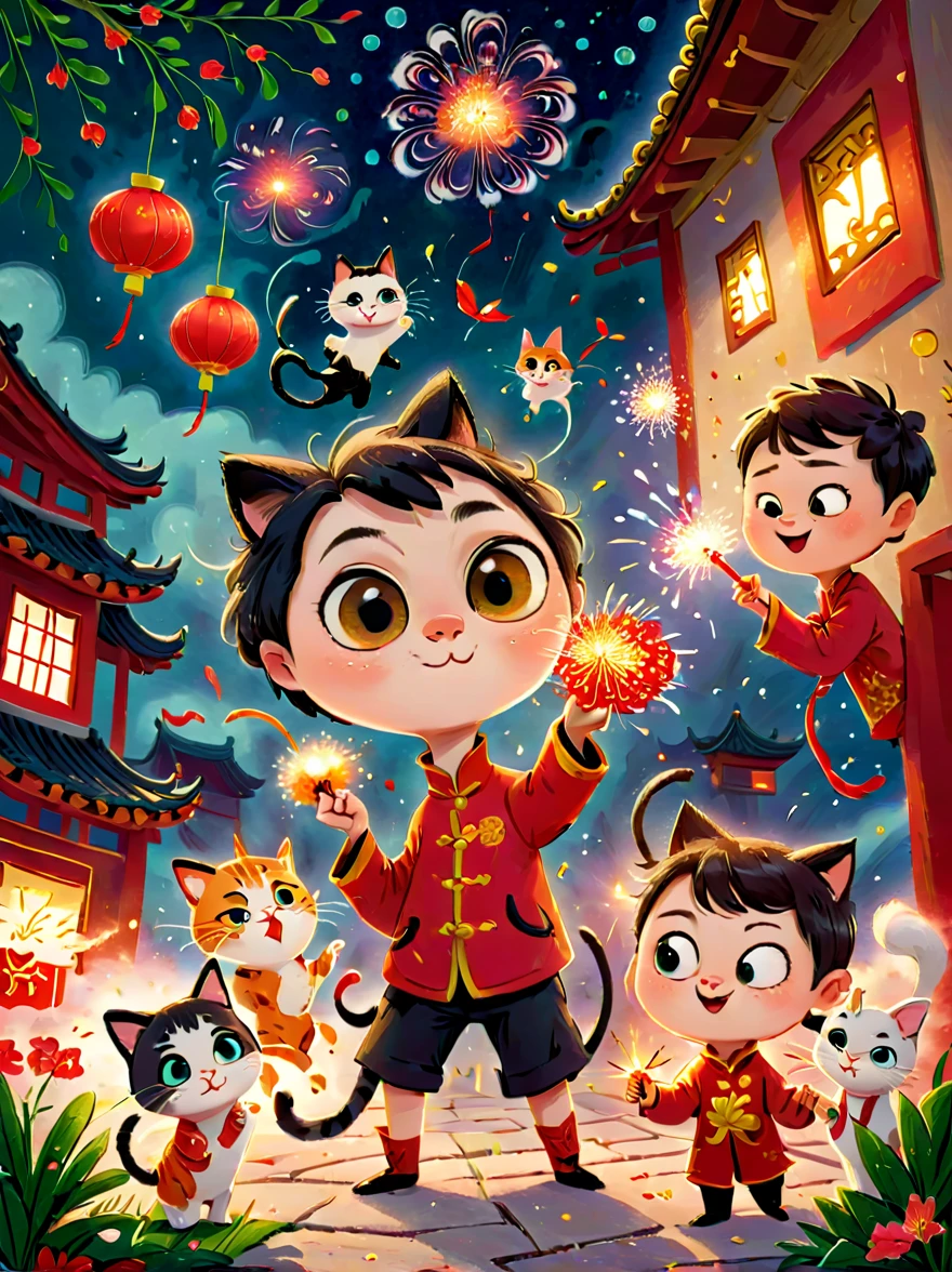 KidsRedmAF, The style of Tim Burton, illustration capturing the essence of the Chinese Lunar New Year, snowing, amidst the joyful atmosphere of the Spring Festival, five children are setting off firecrackers and fireworks, The kitten is watching, An exquisite picture, The detailed expressions of the characters, in a lively Children's hand-drawn illustration