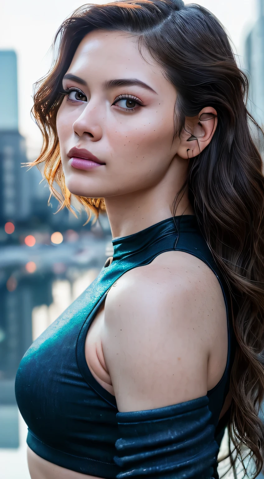 Full Face portrait photo oF 25 year old European girl, raw, beautiFul woman, Semi-open strawberry lip, Dimples, wistFul expression, (Brown hair with extra long wavy), ((detailed Face)), ((detailed Facial Featureine detailed skin), pale skin, Cyberpunk Megacity Environment, (cool color), moist, moist, reFlection, (Masterpiece shot with Canon EOS R5 (detail) (Realistic Photos) (Detailed details) 50mm Lens, F/2.8, nffsw, (8K) (Wallpaper) (Cinematic lighting) (Dramatic Lighting) (sharp Focus) (with an intricate), raw photography, raw photography, Gigachad Photos, Camera Pose, Black jeans, Back arm, 8K uhd, Digital SLR, High quality, Grain film, FujiFilm XT3, Film Stock Photo 4 Kodak Portra 400 Camera F1.6 Lenses Rich colors Ultra-realistic textures Dramatic lighting Unreal Engine Art Station Trends Cinestill 800 Tungsten, toughboy style, Ultra Focus Face, Intimidating, fighting position, Short messy hair, musculature, Ruptured veins, bead, (( oFF-shoulder crop top)),