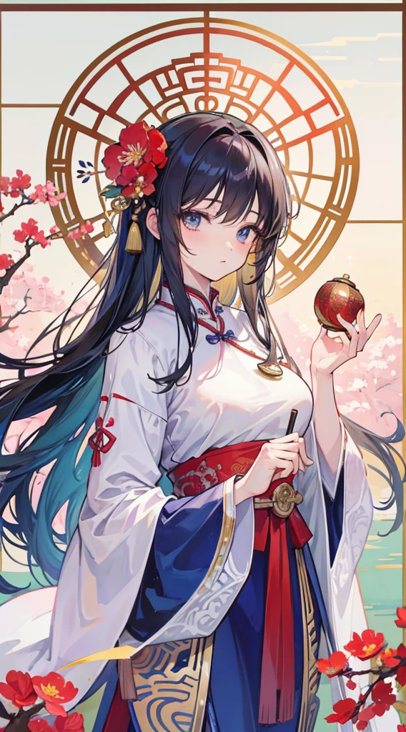 absurdres, best quality, fine detailed, 8k, new year greeting card, tarot card style frame, art nouveau, (Alphonse Mucha), art deco, Ancient china Style, 1girl, red color hanfu fantasy dress, hair flower ornament, upper body, Ancient Chinese style window, oriental style lantern, Ancient court scenery, plum blossoms, plum blossoms tree, flower petals, warm light