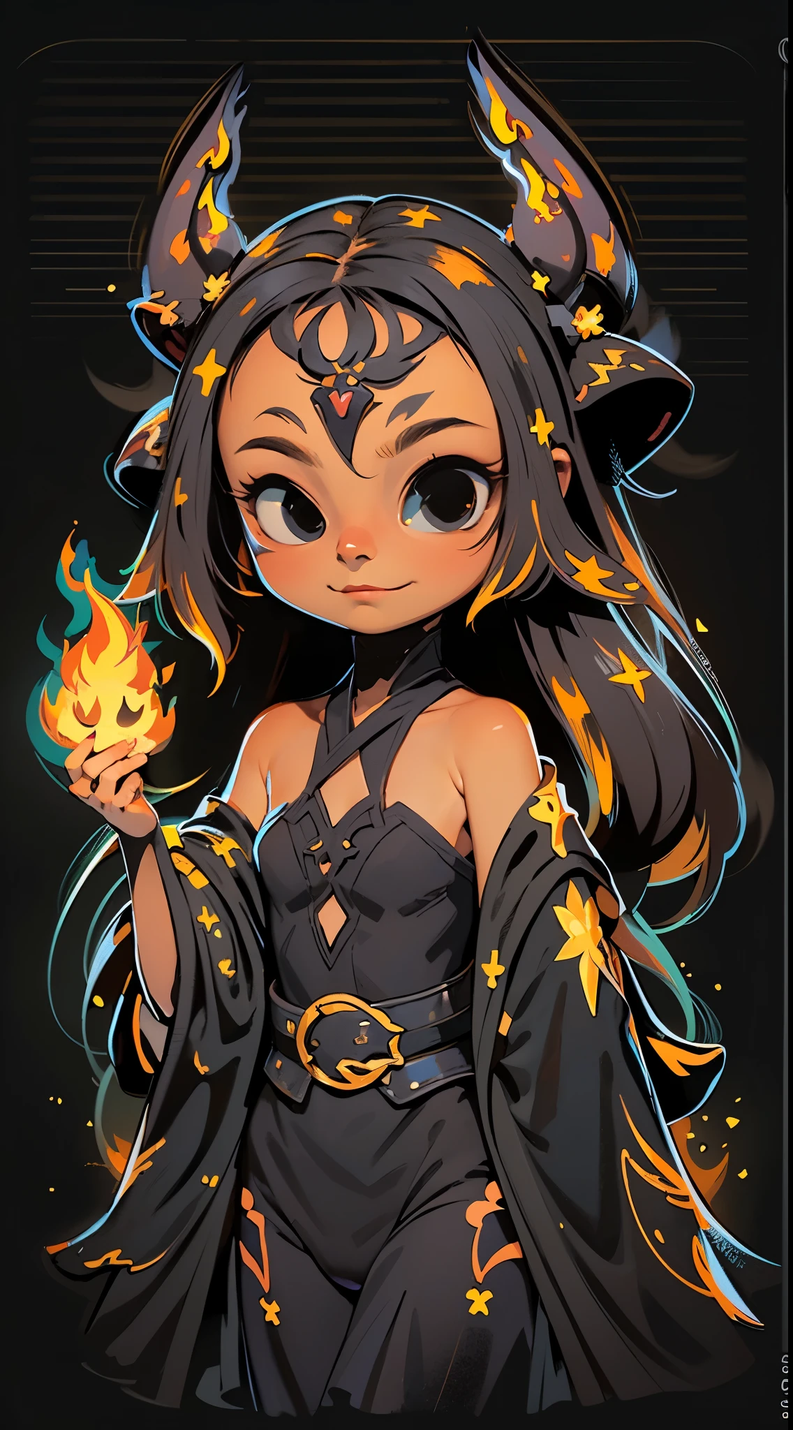 flat vector image, ((mid-shot)) (((cartoon art))), (((minimalistic))), (((a simple cute diffuse female fire spirit creature))), (((solid black background))), ultra sharp focus, detailed face, (((posing))), illuminated