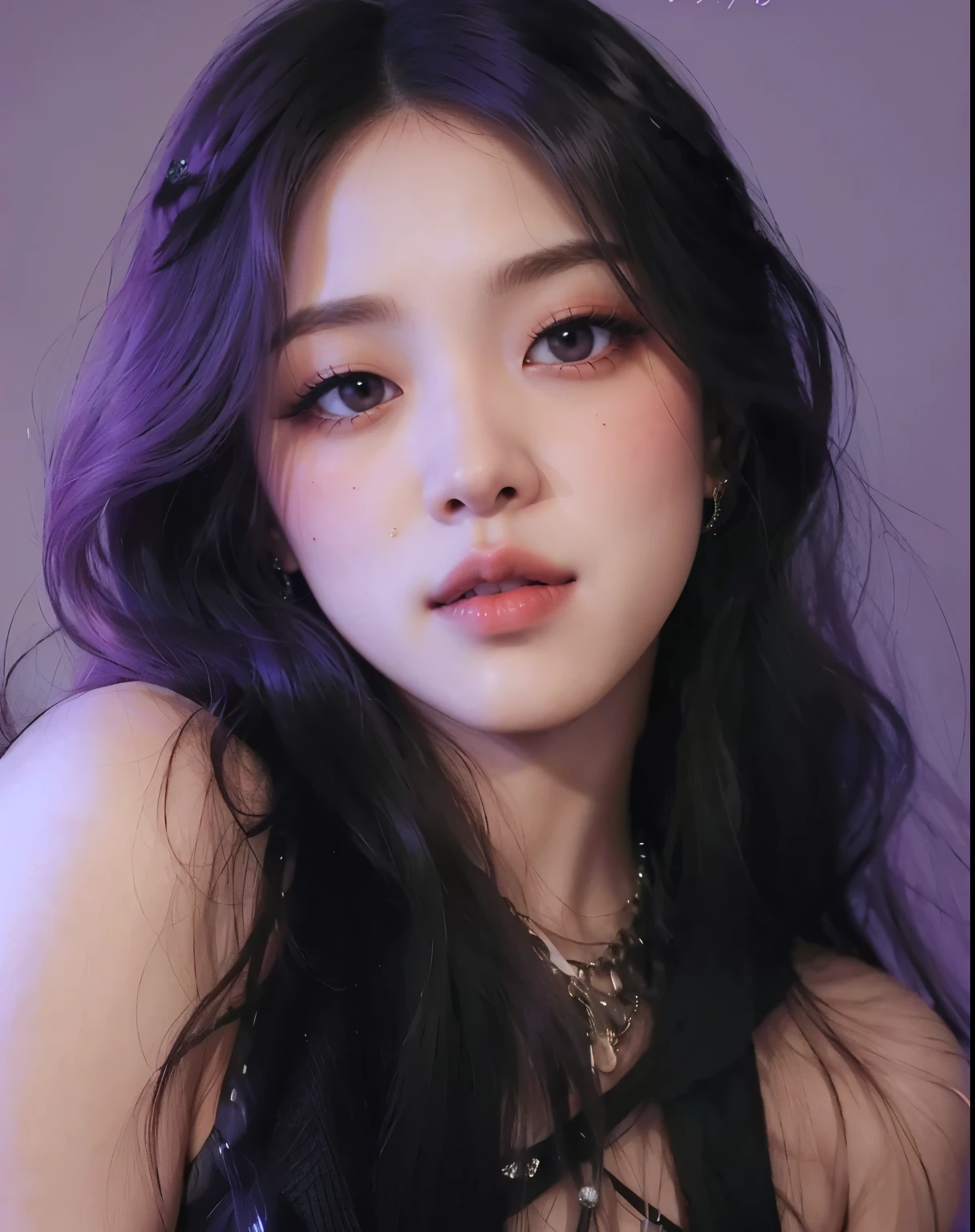 um close de Rose do BlackPink com longos cabelos pretos e fundo roxo, Retrato Rose do BlackPink, Rose do BlackPink, Rose do BlackPink, Retrato de Rose do BlackPink, Realistic cute girl painting, Realistic. Rose do BlackPink, coreana, Arte no estilo de Rose do BlackPink, Rose do BlackPink. 4 mil, Rose do BlackPink with long hair