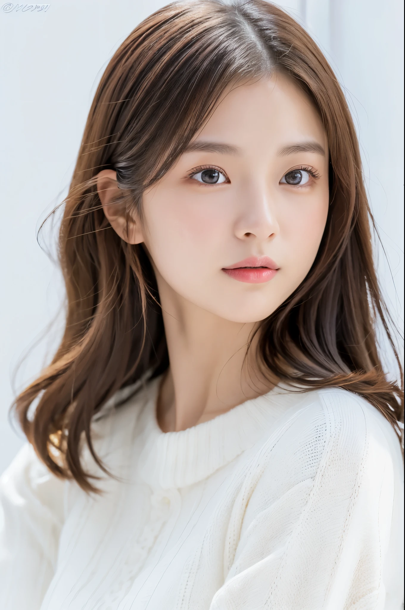 Young japanese lady, 30s, White background, It features a simple背景, white-brown hair, slender, 4K, in 8K, High quality, Beauty, Beautiful eyes, It features a simple, High resolution,1 person,Beautiful skins,Beautiful skin,wearing a white knit,Winters,lipsticks