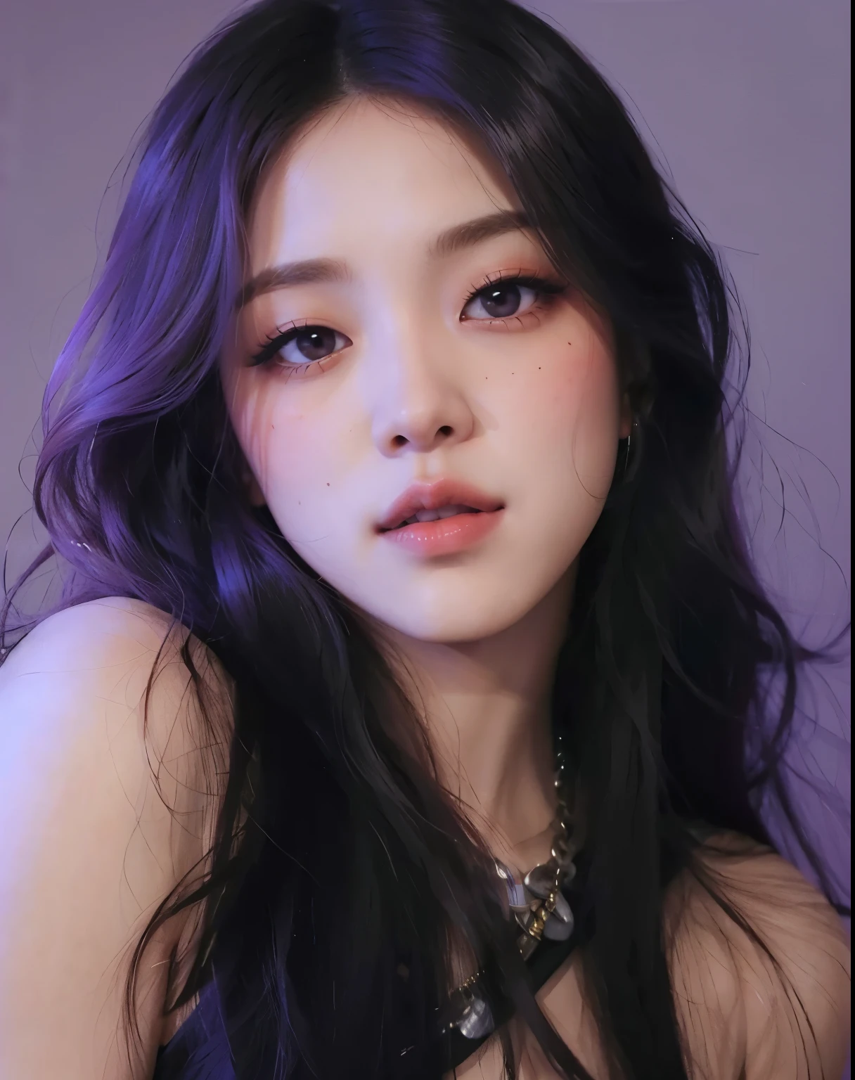 um close de Rose do BlackPink com longos cabelos pretos e fundo roxo, Retrato Rose do BlackPink, Rose do BlackPink, Rose do BlackPink, Retrato de Rose do BlackPink, Realistic cute girl painting, Realistic. Rose do BlackPink, menina coreana, Arte no estilo de Rose do BlackPink, Rose do BlackPink. 4 mil, Rose do BlackPink with long hair