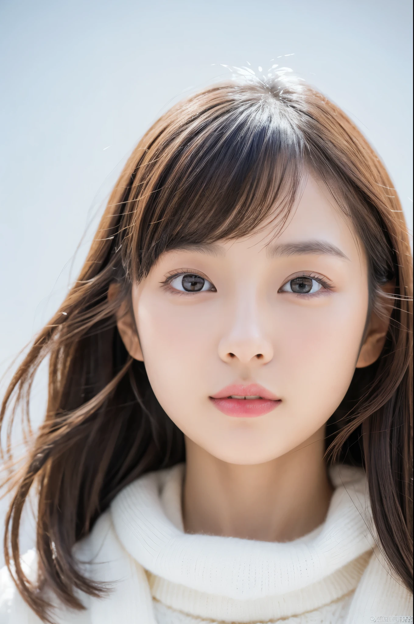 Young japanese lady, 30s, White background, It features a simple背景, white-brown hair, slender, 4K, in 8K, High quality, Beauty, Beautiful eyes, It features a simple, High resolution,1 person,Beautiful skins,Beautiful skin,wearing a white knit,Winters,lipsticks