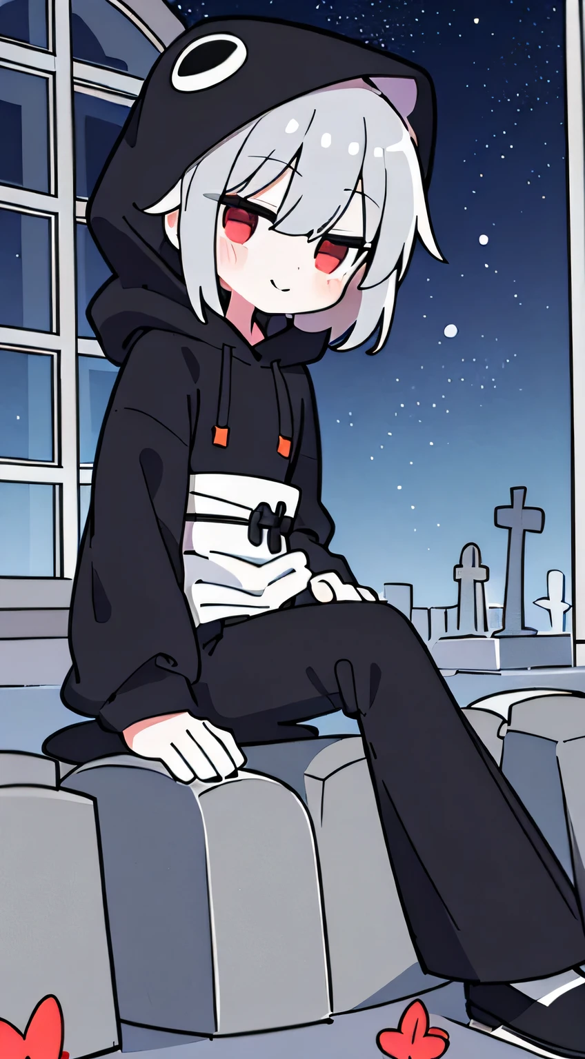 (only black and white:1.5), expansive landscape photograph, (at a distance:1.4), (Man with a:1.5), (night sky, beautiful full moon crow, 血, Cemetery Background, :1.5), intricated details, Volumetric lighting, Realism BREAK(masterpiece:1.2), (Top Quality), 4k, Ultra-detail, (Dynamic configuration:1.4), Very detailed and colorful details,(colourful colors:1.2), (Glowing lights, Atmospheric lighting), Dreamy, Magical, (Solo:1.2), intriciate detail, (Slender:1.5), smiling expression,Sorrisos , Flat chest, (Red Eyes:1.3), (Gray short hair:1.5), (Black long pants, BLACK HOOD, Wearing a hood:1.5), (Dynamic Angle:1.2), (sash, window, sash에 쭈그려 앉아 있는, frontage:1.5)