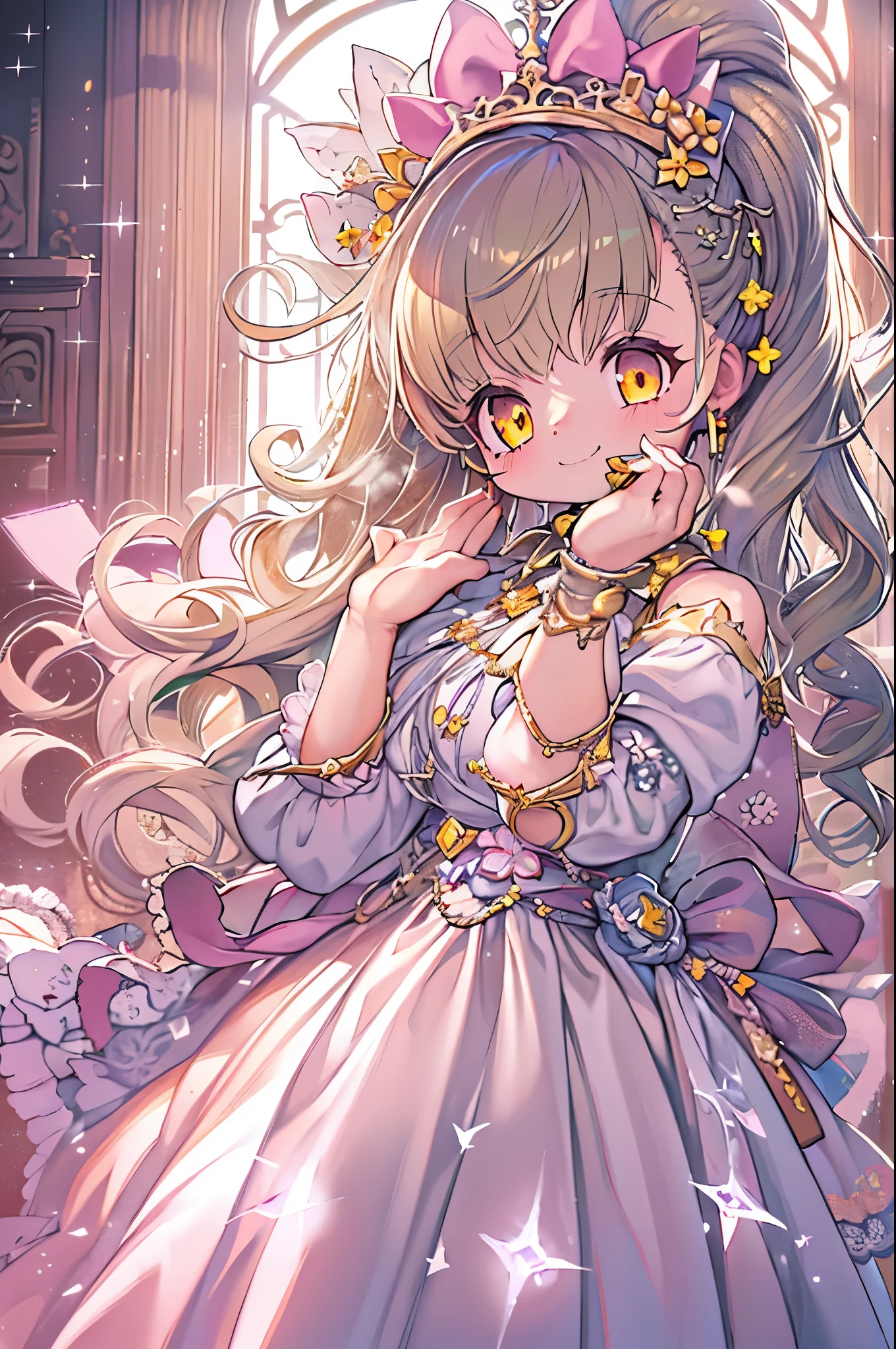 dramatic compositions, Dress in court style, royal, Gorgeous, カスケードfrilld, frilld, the bow, crystal chandeliers, Roman curly hairstyles, ponet, Double ponytail like a drill, Look at the camera, Bangs, maximalism, palace background, Delicate depiction of hair and eyes, Princess Dresses, Gorgeous skirts, Flowers in hand, Smiles, Starry eyes, Cinematic Light, Extreme Detail, High Definition, happy girl, Very long hair, Diamonds, broken Diamonds, Junction Tip, light Particle