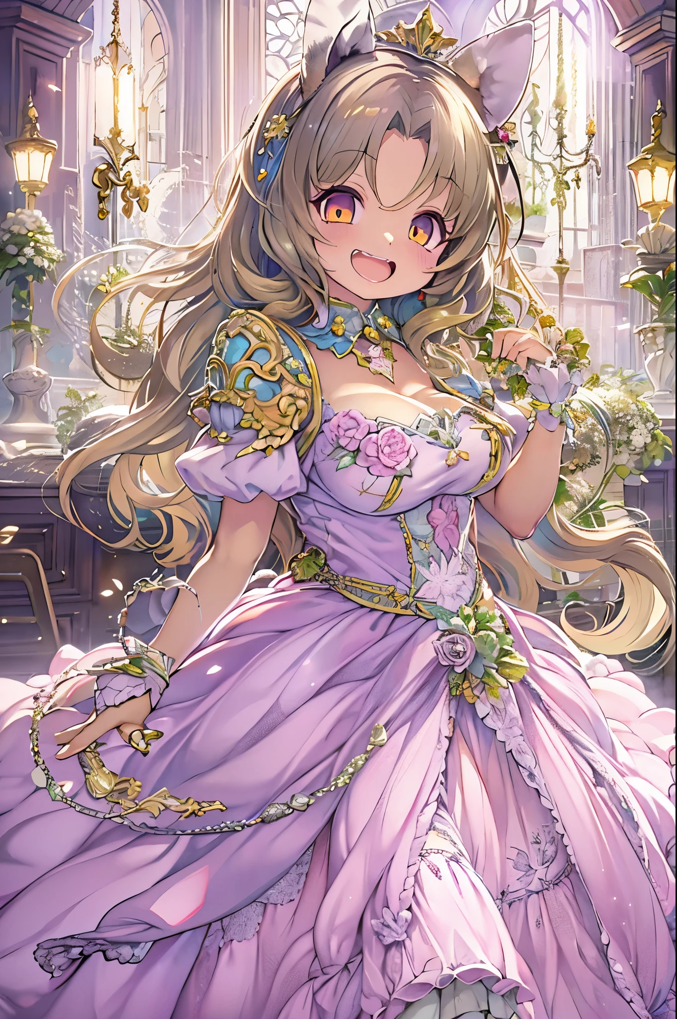 dramatic compositions, Dress in court style, royal, Gorgeous, カスケードfrilld, frilld, the bow, crystal chandeliers, Roman curly hairstyles, ponet, Double ponytail like a drill, Look at the camera, Bangs, maximalism, palace background, Delicate depiction of hair and eyes, Princess Dresses, Gorgeous skirts, Flowers in hand, Smiles, Starry eyes, Cinematic Light, Extreme Detail, High Definition, happy girl, Very long hair, Diamonds, broken Diamonds, Junction Tip, light Particle