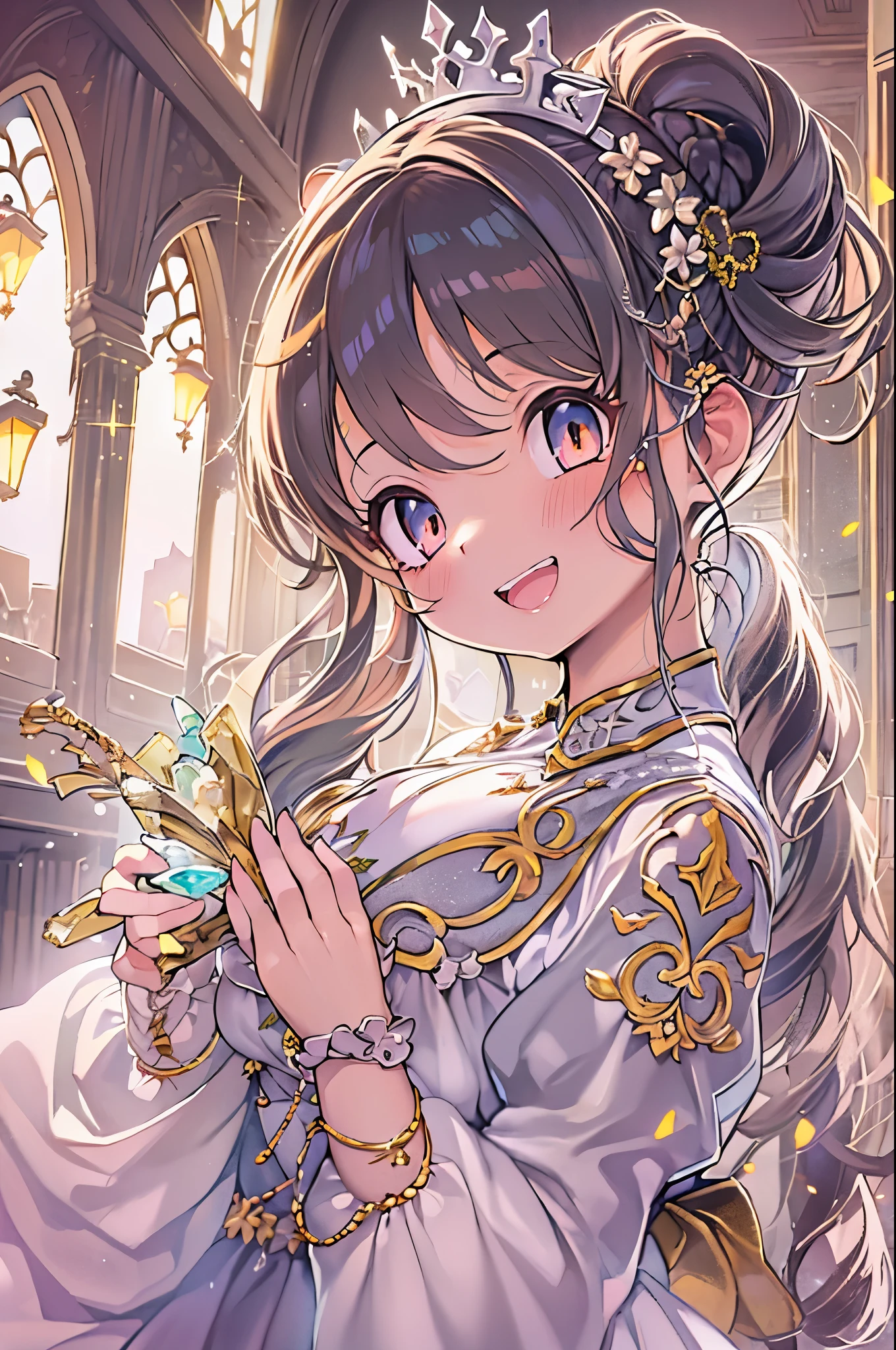 dramatic compositions, Dress in court style, royal, Gorgeous, カスケードfrilld, frilld, the bow, crystal chandeliers, Roman curly hairstyles, ponet, Double ponytail like a drill, Look at the camera, Bangs, maximalism, palace background, Delicate depiction of hair and eyes, Princess Dresses, Gorgeous skirts, Flowers in hand, Smiles, Starry eyes, Cinematic Light, Extreme Detail, High Definition, happy girl, Very long hair, Diamonds, broken Diamonds, Junction Tip, light Particle