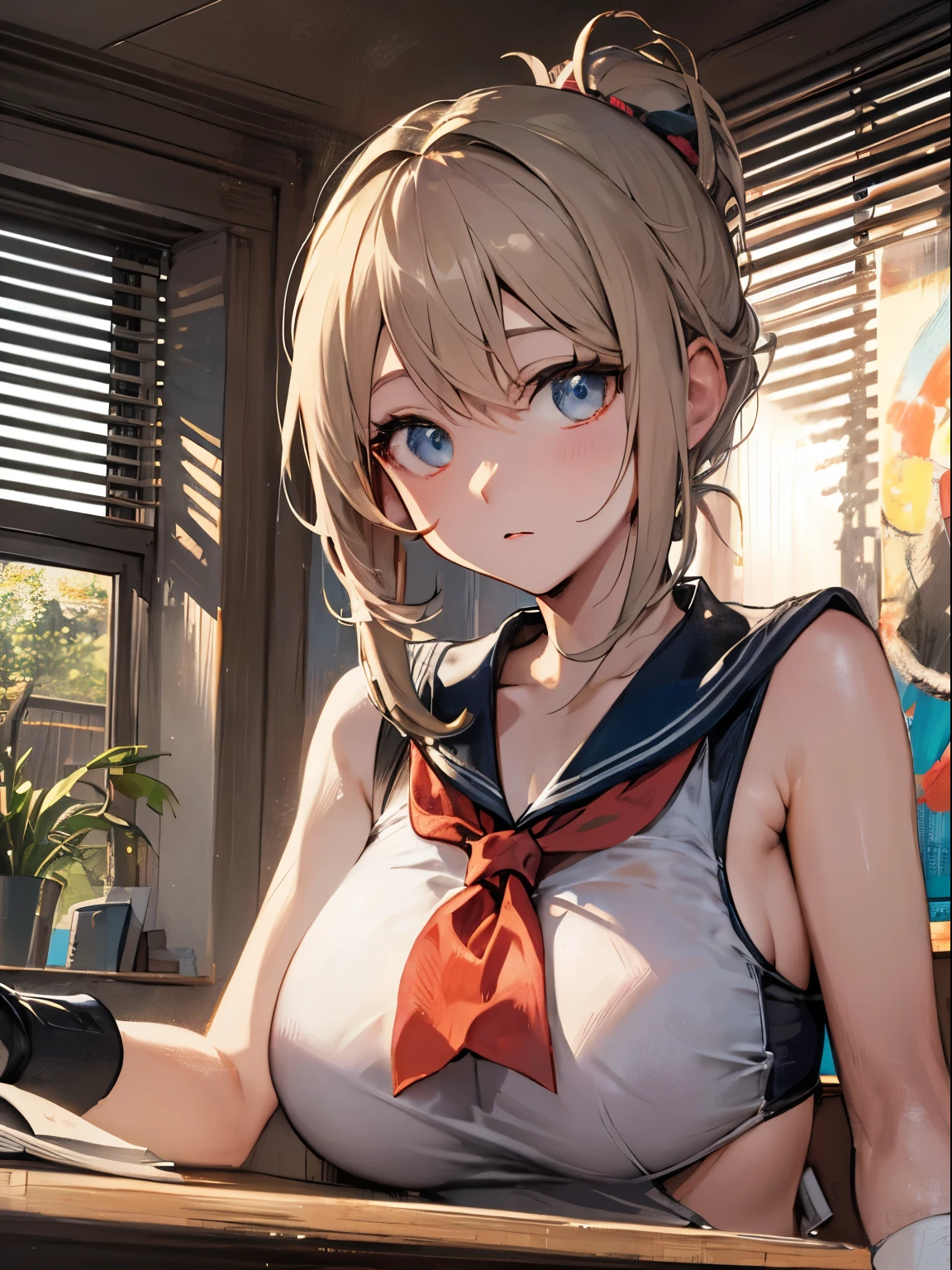 top-quality、realistic touch,high-detail、photoRealstic、thin-waist、captive beauty、big eye、solid platinum-blonde eyelashes、platinum-blonde、full body Esbian、Sparkling eyes, cheeks flushed、thin-waist、In the classroom of the school、She is in estrus、cocky expression、Super short skirt with V-line visible、Sleeveless、Navel look、small tits、Ponytail hair style、sexy sailor suit that is extremely short in length、Colossal tits、big butts、Angle from below、Big breasts visible between uniform and stomach、sexy pose、Clothes that are thin and see-through、Embarrassed look