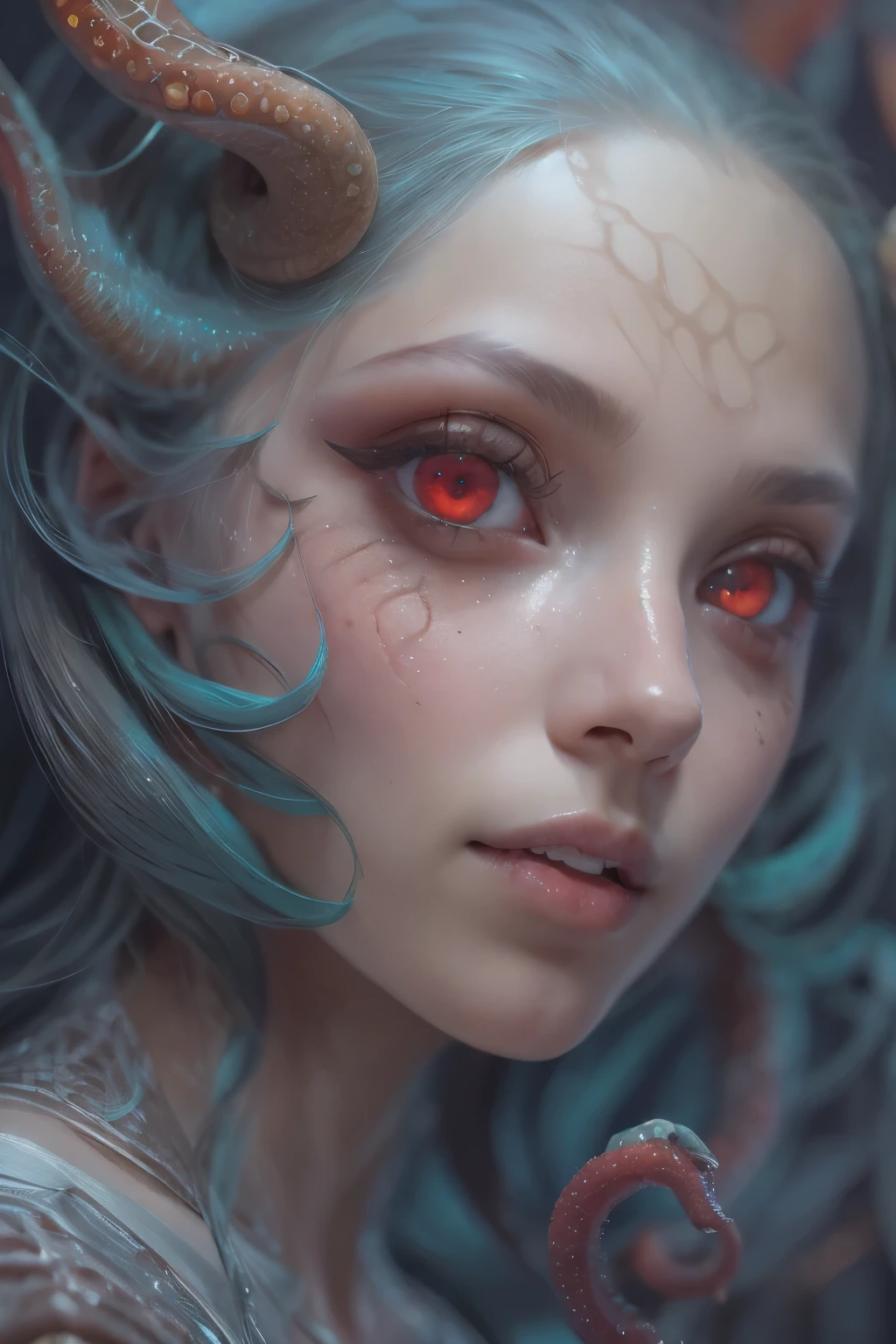 Portrait, (beautiful female alien:1.2), (she has red eyes with no pupils:1.8), (Translucent skin:1.7), (There is a female genital-like organ in the middle of the forehead.:1.9), (The most beautiful face in the history of the universe:1.2),an evil gaze that seduces, (large mouth:1.1), (sharp teeth like a vampire:1.2), Full body like, (bio luminescent:1.5), (Smile wickedly:1.3), (sexypose:1.5), alien, No humans, cells are fused, (Lots of translucent tentacles:1.3) extraterrestrial, cell, bio image, Best Quality, 8K,4K_quality, High Definition, Dramatic Lighting, masutepiece:1.5,cinematic quality, detail up, (Intricate details:1.2), High resolution, High Definition, drawing faithfully, (Thick eyebrows:1.2), Beautiful eyes with fine symmetry,(Highly detailed face and eyes:1.2), Intimate face, (Super detailed skin quality feeling:1.4), Perfect Anatomy, (Beautiful toned body:1.5), (Moist skin:1.2), No makeup, (dark circles:1.1), long canines, cinematic drawing of characters, ultra high quality model, cinematic quality, detail up, (Intricate details:1.2), High resolution, High Definition, drawing faithfully, Official art, Unity 8K wall , 8K Portrait, Best Quality, Very High resolution, ultra detailed artistic photography, midnight aura, unreal enginee 5, Ultra Sharp Focus, art by alberto seveso, ArtGerm, Roisch, intricate artwork, best quality, masutepiece, ultra High resolution, (photos realistic:1.4), Ultra-realistic realism, dream-like, nautilus, Creation of fantasy, Snail, Dream Snail, biopunk nautilus, Thrilling color schemes, Ultra-realistic realism, seductively smiling, Blue tentacles,