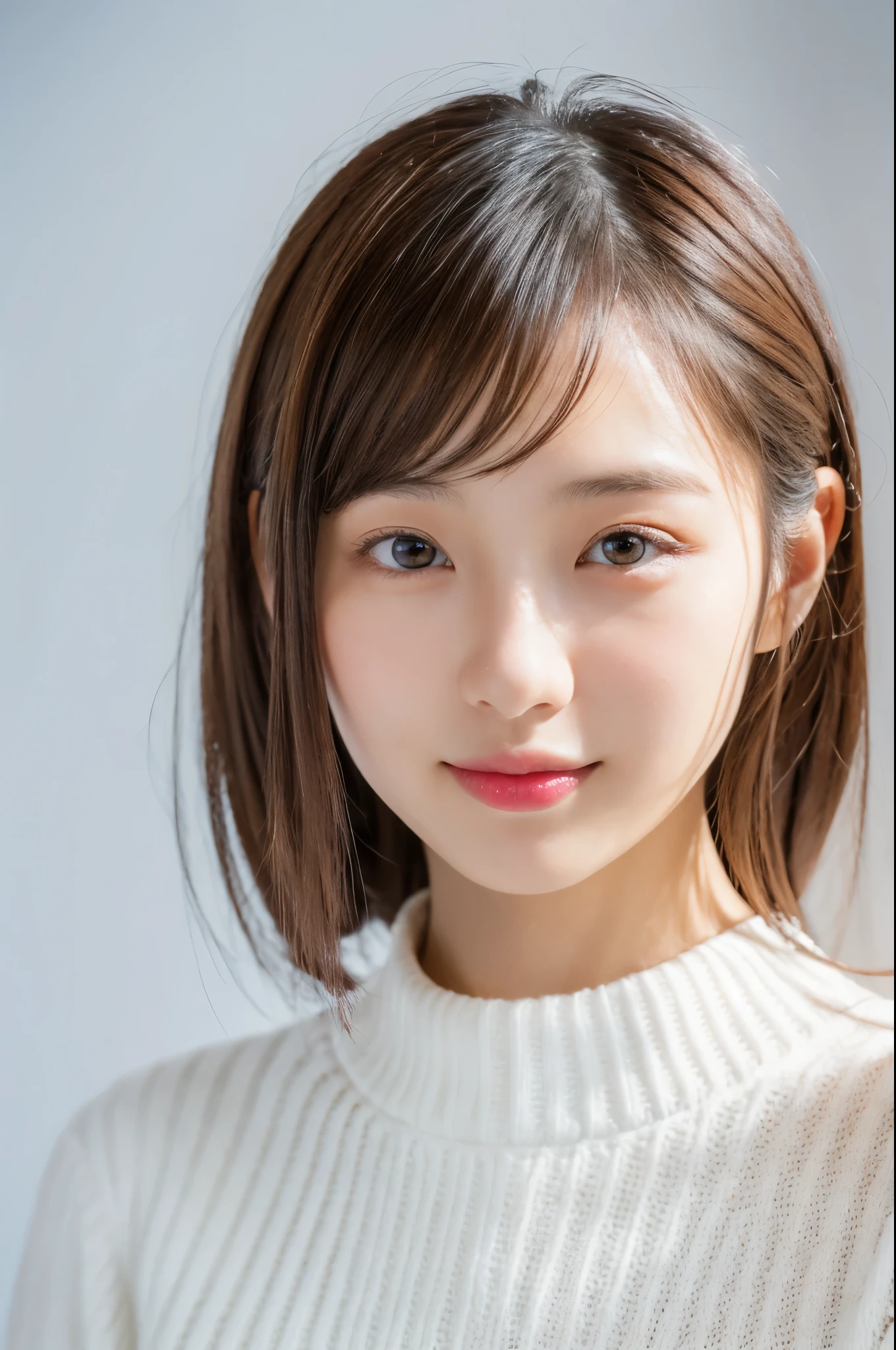 Young japanese lady, 30s, White background, It features a simple背景, white-brown hair, slender, 4K, in 8K, High quality, Beauty, Beautiful eyes, It features a simple, High resolution,1 person,Beautiful skins,Beautiful skin,wearing a white knit,Winters,lipsticks,A slight smil