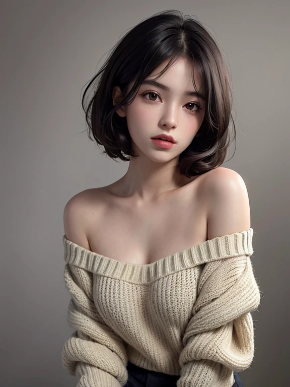 Best quality, masterpiece, ultra high res, (photorealistic:1.4), raw photo, 1girl, offshoulder, in the dark, deep shadow, low key, cold light,black hair,white sweater,short hair,clear face