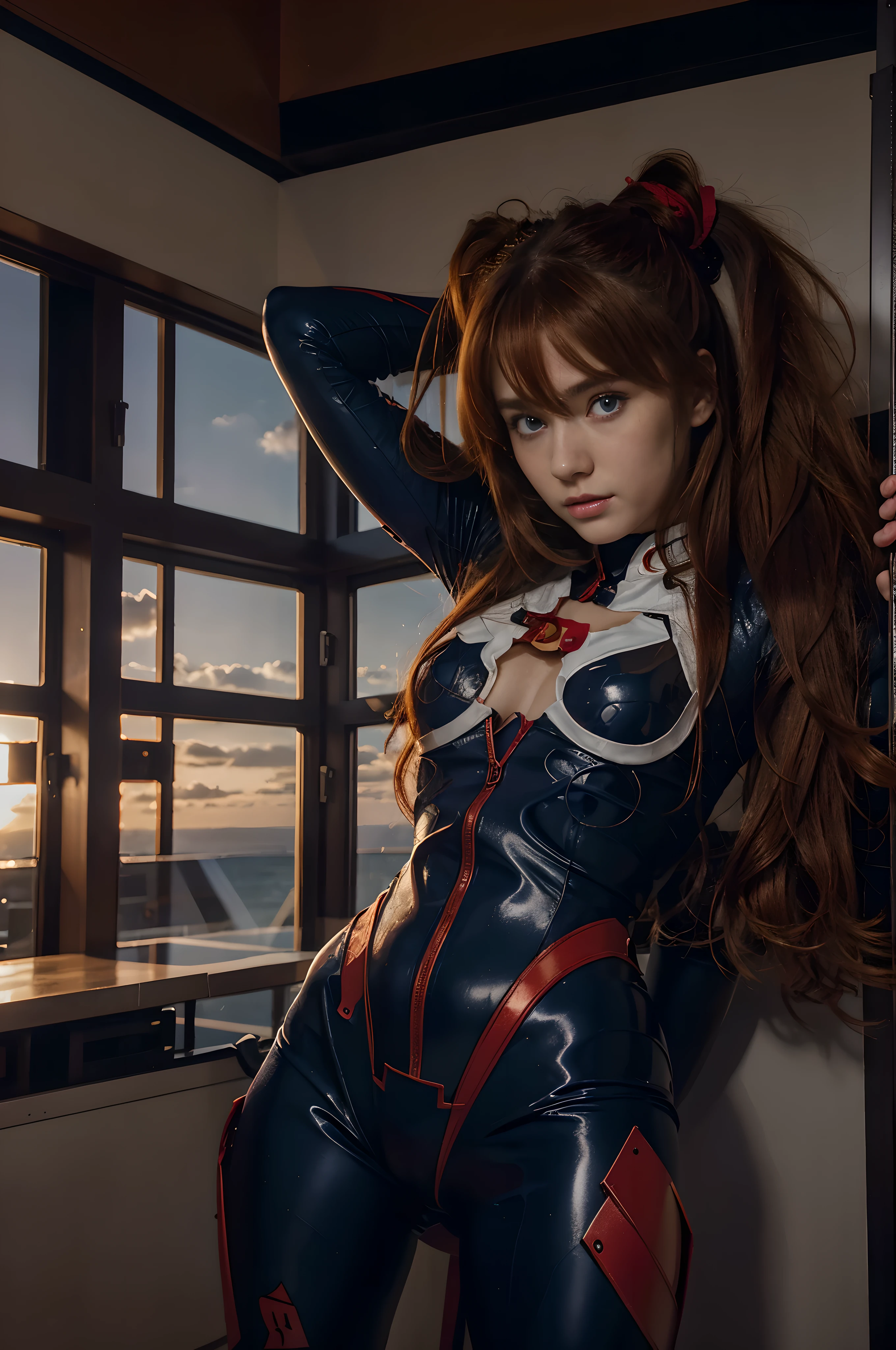 (best quality), high resolution, Asuka Langley Soryu, Beautiful Pretty Mixed German Babe, ((beautiful face)), sexy lips, Gingers Twin tails headband long Hair, intense gaze, dark blue detailed beautiful eyes, combine realism and anime influence, red plugsuit, arm behind head,