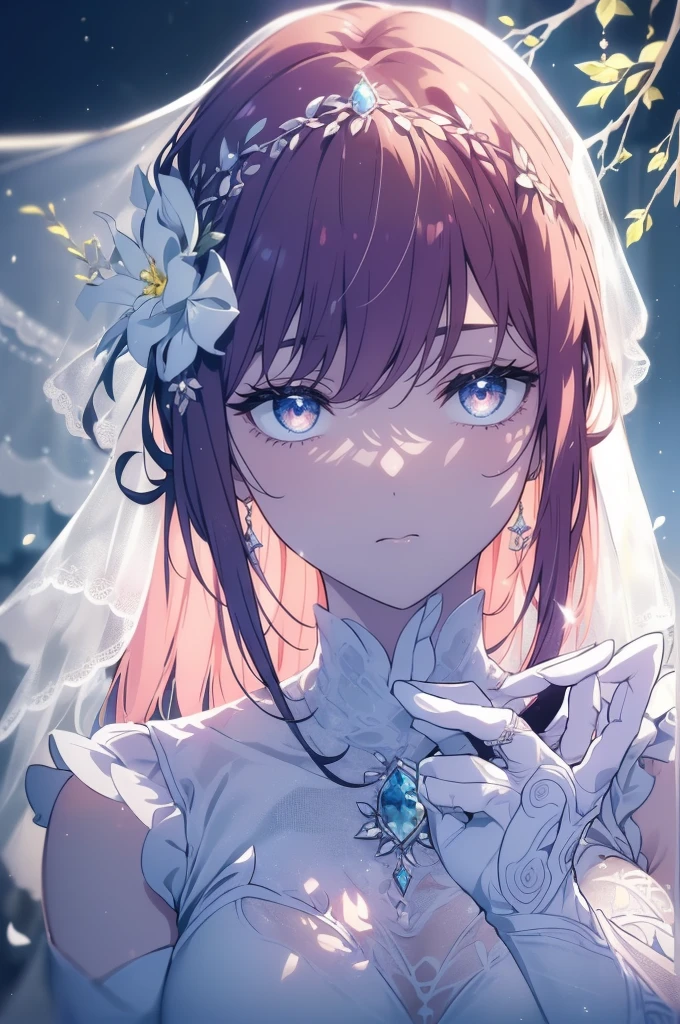 (tmasterpiece, Best quality, 超高分辨率), 1 girl, Permanent, white wedding gown, ((Light brown, Light brown hair:0.7), Cut your hair long, pale-skinned, ((blue The eye)), glowing_The eye, neon The eye, (ultra detailed The eye, beautiful and detail face, detailed The eye), ((at centre)), ssmile, ((广角镜headacing to audience, Line of sight height, (blurry Background with, bright snowy Background with, Winterigchest, looking at viewert, ((half closed The eye)), ((Perfect hands)), (((heads, arma, glute, elbows, in sight))), ((Place your hands behind your back)), empty The eye, beautiful light up, chies，Weddings, Background with, clear subject, 25 age old,