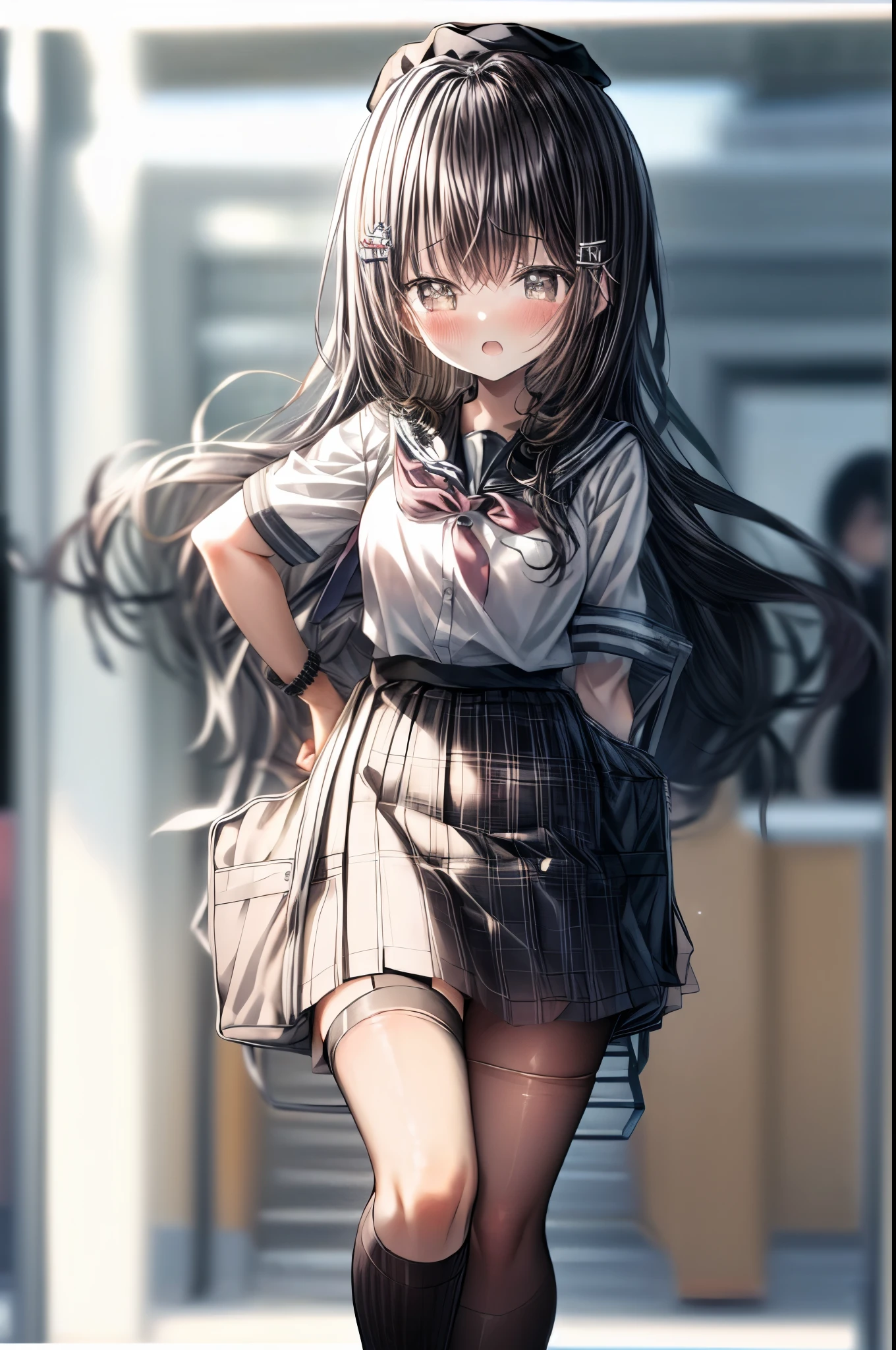 tmasterpiece, Best quality, Alone, tmasterpiece, Best quality, shirt decorations, The beautiful, hair adornments, middling, white  shirt, shirt decorations, longer sleeves, ultra - detailed, girl, Jagged hair is beautiful, Elaborate Eyes, gem-like eyes , Colored eyes, ,, middling, round form, Short hair details, femele, silber hair, gentle hair, a black pleated skirt, ribbons, schoolgirl uniform, beret