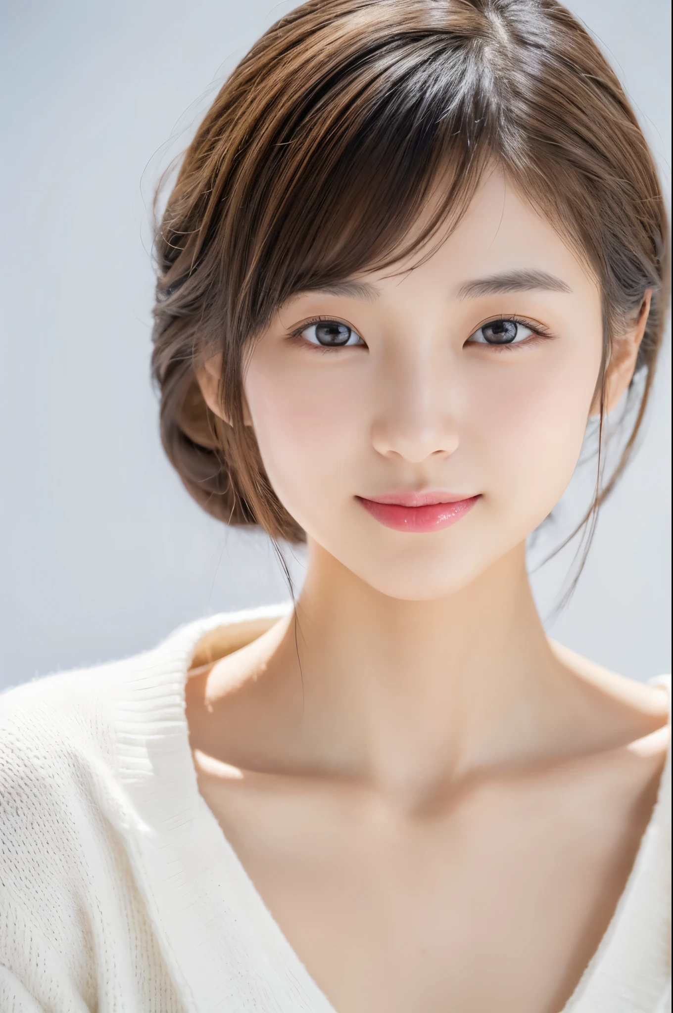 Young japanese lady, 30s, White background, It features a simple背景, white-brown hair, slender, 4K, in 8K, High quality, Beauty, Beautiful eyes, It features a simple, High resolution,1 person,Beautiful skins,Beautiful skin,wearing a white knit,Winters,lipsticks,A slight smil