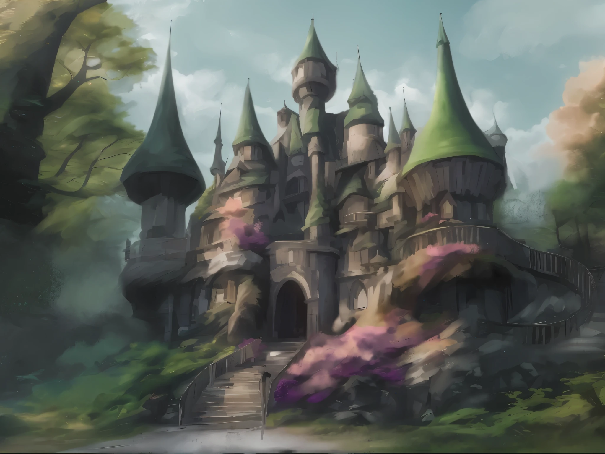 fine，Fairy tale style，Hyper-realistic，high high quality，tmasterpiece，ultra - detailed，Alice in Wonderland，Sunnyday，Deep shaping，Lots of detail，Grass roof