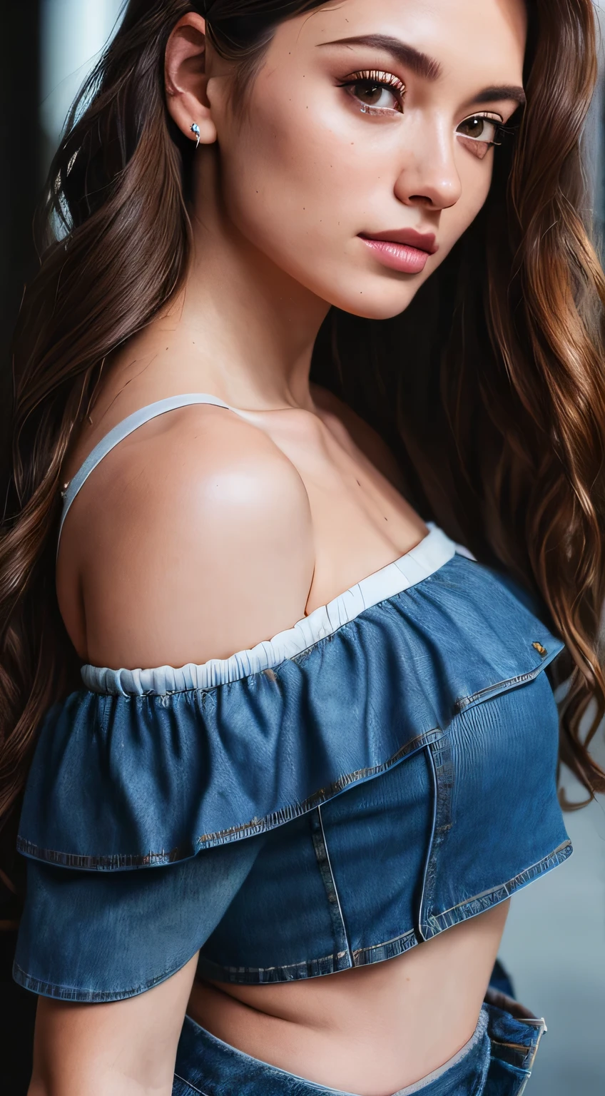 Full Face portrait photo oF 25 year old European girl, raw, beautiFul woman, Semi-open strawberry lip, Dimples, wistFul expression, (Brown hair with extra long wavy), ((detailed Face)), ((detailed Facial Featureine detailed skin), pale skin, Cyberpunk Megacity Environment, (cool color), moist, moist, reFlection, (Masterpiece shot with Canon EOS R5 (detail) (Realistic Photos) (Detailed details) 50mm Lens, F/2.8, nffsw, (8K) (Wallpaper) (Cinematic lighting) (Dramatic Lighting) (sharp Focus) (with an intricate), raw photography, raw photography, Gigachad Photos, Camera Pose, Denim jeans, Sportsbra、Back arm, 8K uhd, Digital SLR, High quality, Grain film, FujiFilm XT3, Film Stock Photo 4 Kodak Portra 400 Camera F1.6 Lenses Rich colors Ultra-realistic textures Dramatic lighting Unreal Engine Art Station Trends Cinestill 800 Tungsten, toughboy style, Ultra Focus Face, Intimidating, fighting position, Short messy hair, musculature, Ruptured veins, bead, (( oFF-shoulder crop top)),