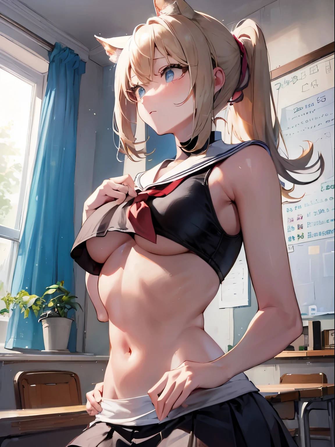 top-quality、realistic touch,high-detail、photoRealstic、thin-waist、captive beauty、big eye、solid platinum-blonde eyelashes、platinum-blonde、full body Esbian、Sparkling eyes, cheeks flushed、thin-waist、In the classroom of the school、She is in estrus、cocky expression、Super short skirt with V-line visible、Sleeveless、Navel look、small tits、Ponytail hair style、sexy sailor suit that is extremely short in length、Colossal tits、big butts、Angle from below、Big breasts visible between uniform and stomach、sexy pose、Clothes that are thin and see-through、Embarrassed look
