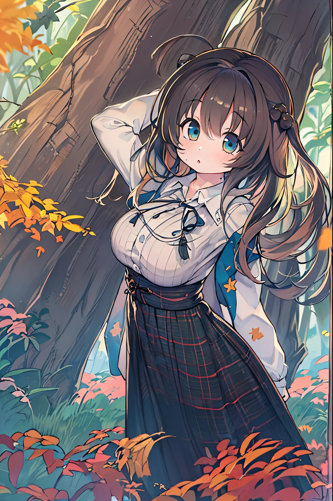 1girl in, against_tree, aki_shizuha, irate_vein, Autumn, Autumn_枯fronds, Bangs, Bare_tree, Blue_Eyes, blunt_Bangs, branch, Night, Dress, Falling_枯fronds, forest, ginkgo_fronds, Holding_fronds, lake, fronds, fronds_Background, fronds_hair_ornament detached, fronds_SUI_Head, fronds_print, Lips, lSUIg_hair, up looking_で_viewer, Maple_fronds, ure in n, Outdoors, Solo, Standing, stSUIe_lantern, tree, Under_tree, black hair, Herren