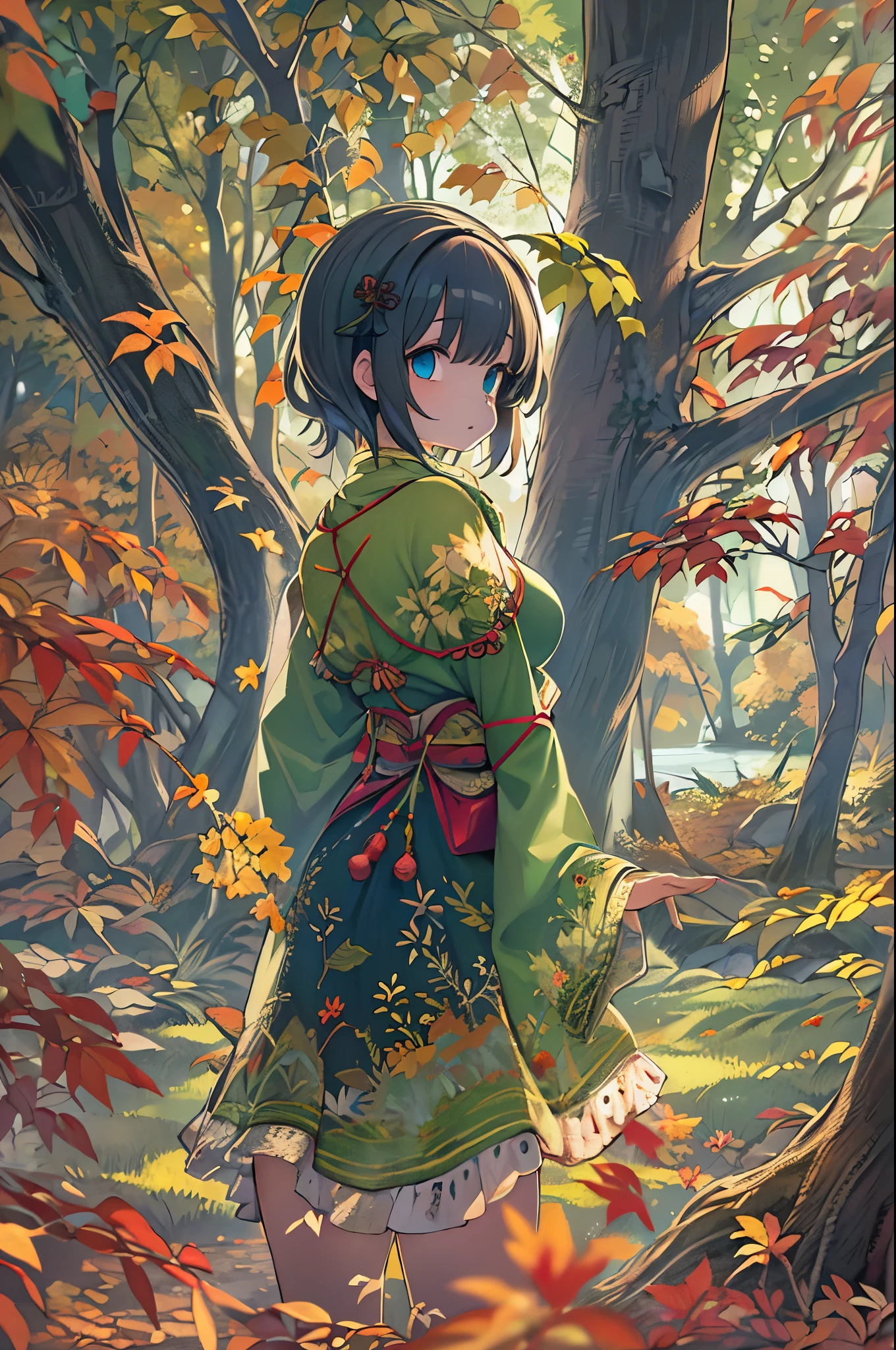 1girl in, against_tree, aki_shizuha, irate_vein, Autumn, Autumn_枯fronds, Bangs, Bare_tree, Blue_Eyes, blunt_Bangs, branch, Night, Dress, Falling_枯fronds, forest, ginkgo_fronds, Holding_fronds, lake, fronds, fronds_Background, fronds_hair_ornament detached, fronds_SUI_Head, fronds_print, Lips, lSUIg_hair, up looking_で_viewer, Maple_fronds, ure in n, Outdoors, Solo, Standing, stSUIe_lantern, tree, Under_tree, black hair, Herren