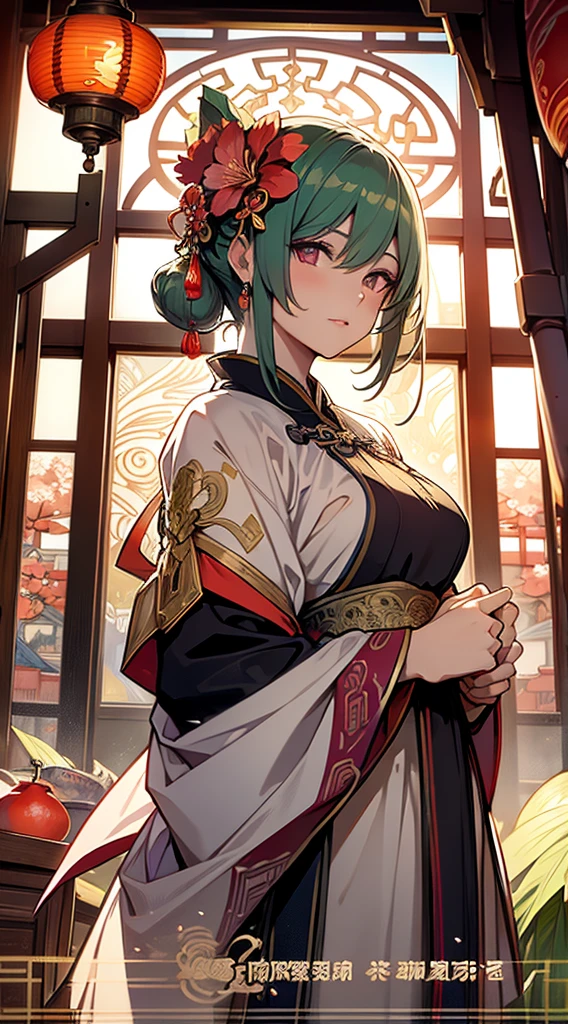 absurdres, best quality, fine detailed, 8k, new year greeting card, tarot card style frame, art nouveau, (Alphonse Mucha), art deco, Ancient china Style, 1girl, red color hanfu fantasy dress, hair flower ornament, upper body, Ancient Chinese style window, oriental style lantern, Chinese style ornament ball, Ancient court scenery, plum blossoms, plum blossoms tree, flower petals, warm light