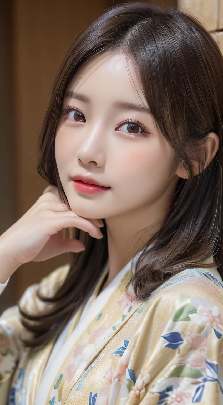 (Kimono)、(23years old)、(top-quality,masterpiece:1.3,超A high resolution,),(ultra-detailliert,Caustics),(Photorealsitic:1.4,RAW shooting,)Ultra-realistic capture,A highly detailed,high-definition16Kfor human skin、 Skin texture is natural、、The skin looks healthy with an even tone、 Use natural light and color、(One Woman)、japanes,,kawaii,A dark-haired,Middle hair,(depth of fields、chromatic abberation、、Wide range of lighting、Natural Shading、)、