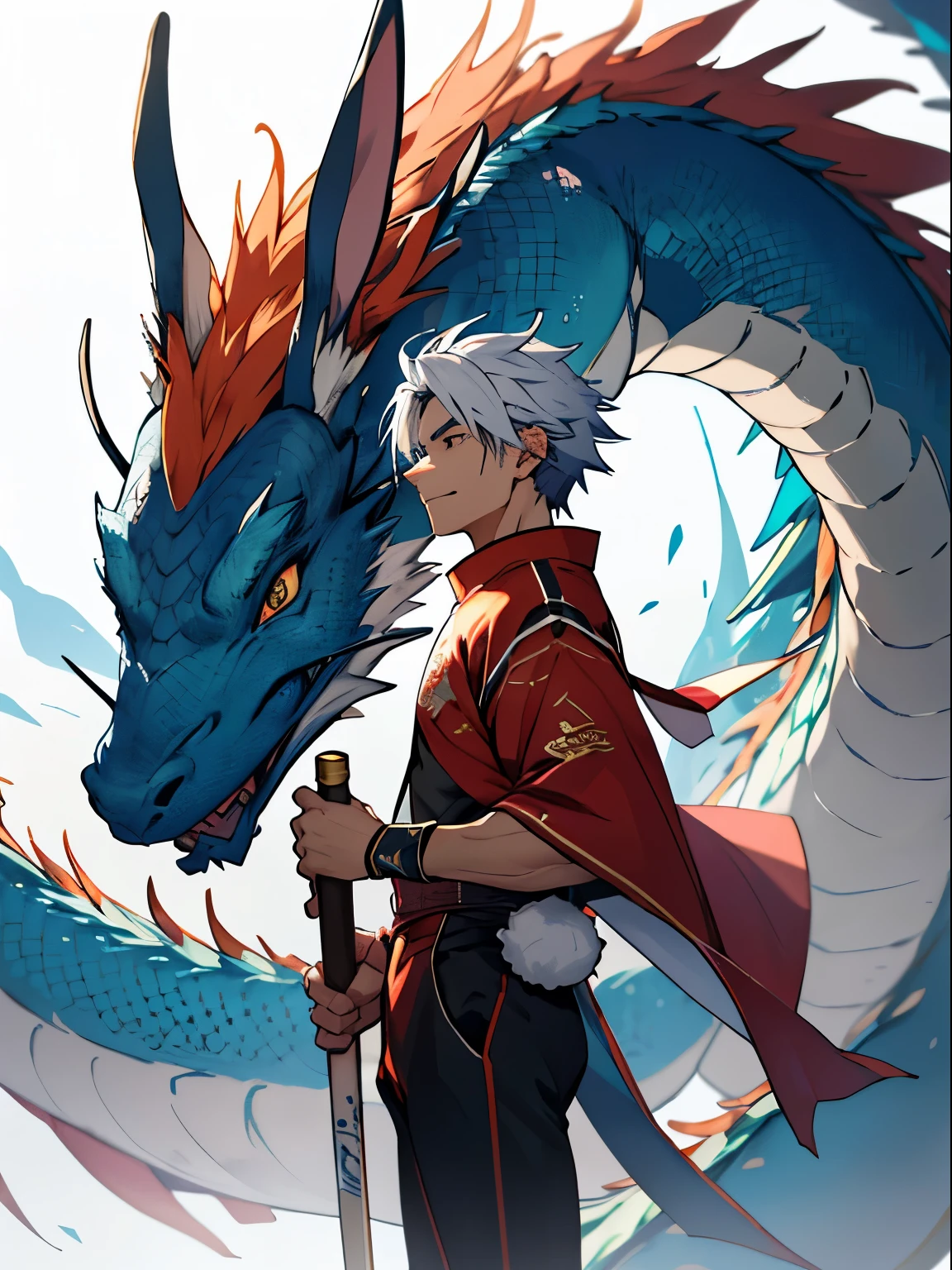 a picture of a man sitting on a floor next to a dragon by Yang J, pixiv contest winner, fantasy art, man with the soul of a dragon, god of dragons, human and dragon fusion, anime epic artwork, yiqiang and shurakrgt, loong, dragon in the background, anime fantasy illustration, onmyoji detailed art