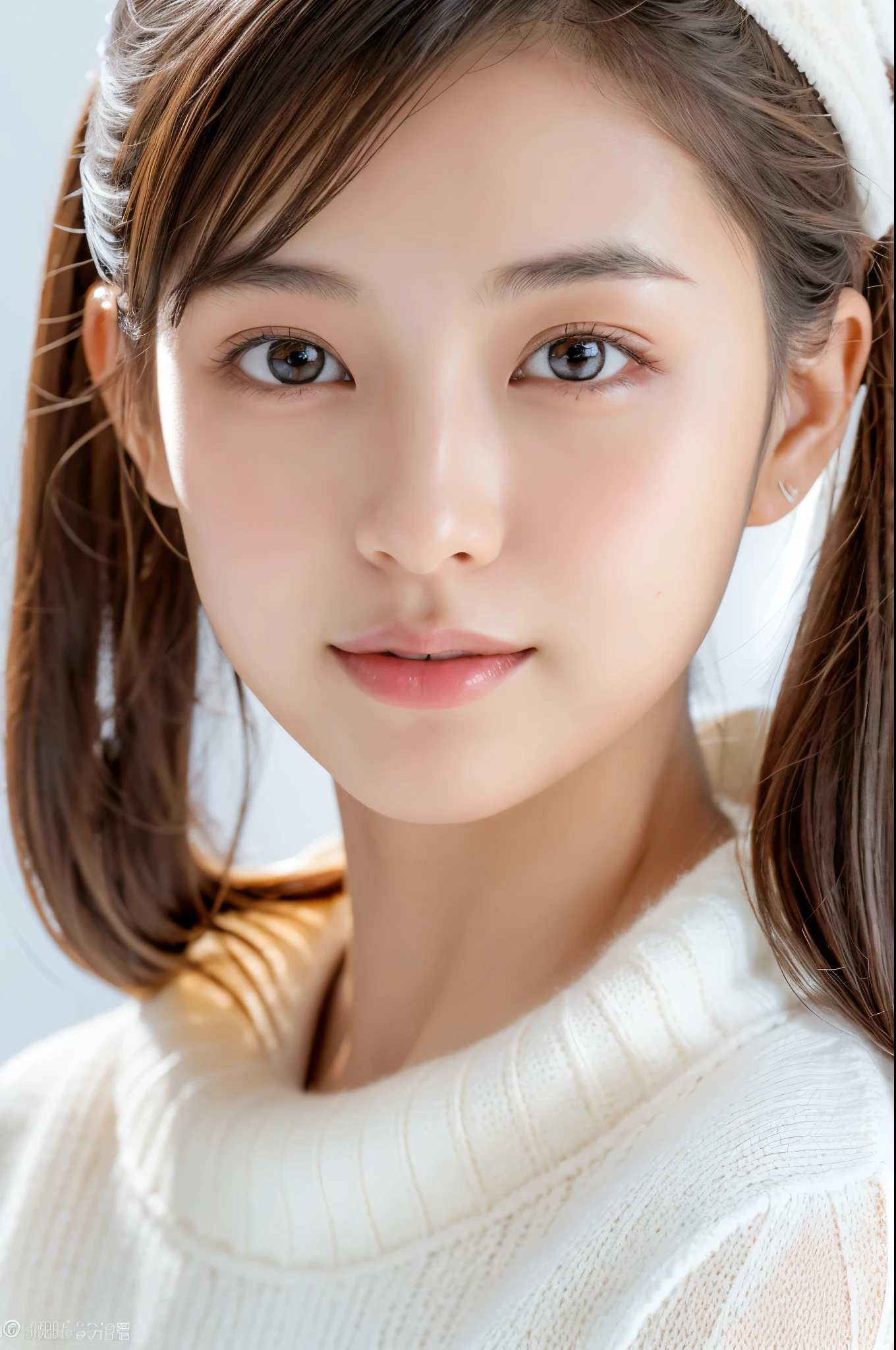 Young japanese lady, 30s, White background, It features a simple背景, white-brown hair, slender, 4K, in 8K, High quality, Beauty, Beautiful eyes, It features a simple, High resolution,1 person,Beautiful skins,Beautiful skin,wearing a white knit,Winters,lipsticks,A slight smil