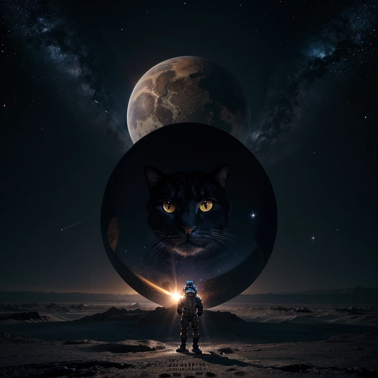 A deep space round planet shaped like a cat head with nose, mouth, eyes, ears, fur and whiskers. Standing on the planet are 2 muscular humanoid space cats holding guns standing upright getting ready for war with another humanoid alien space cat race standing upright with guns.