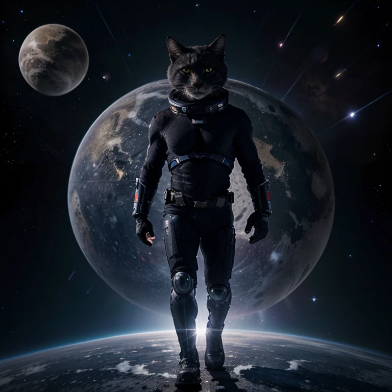 A deep space round planet shaped like a cat head with nose, mouth, eyes, ears, fur and whiskers. Standing on the planet are 2 muscular humanoid space cats holding guns standing upright getting ready for war with another humanoid alien space cat race standing upright with guns.