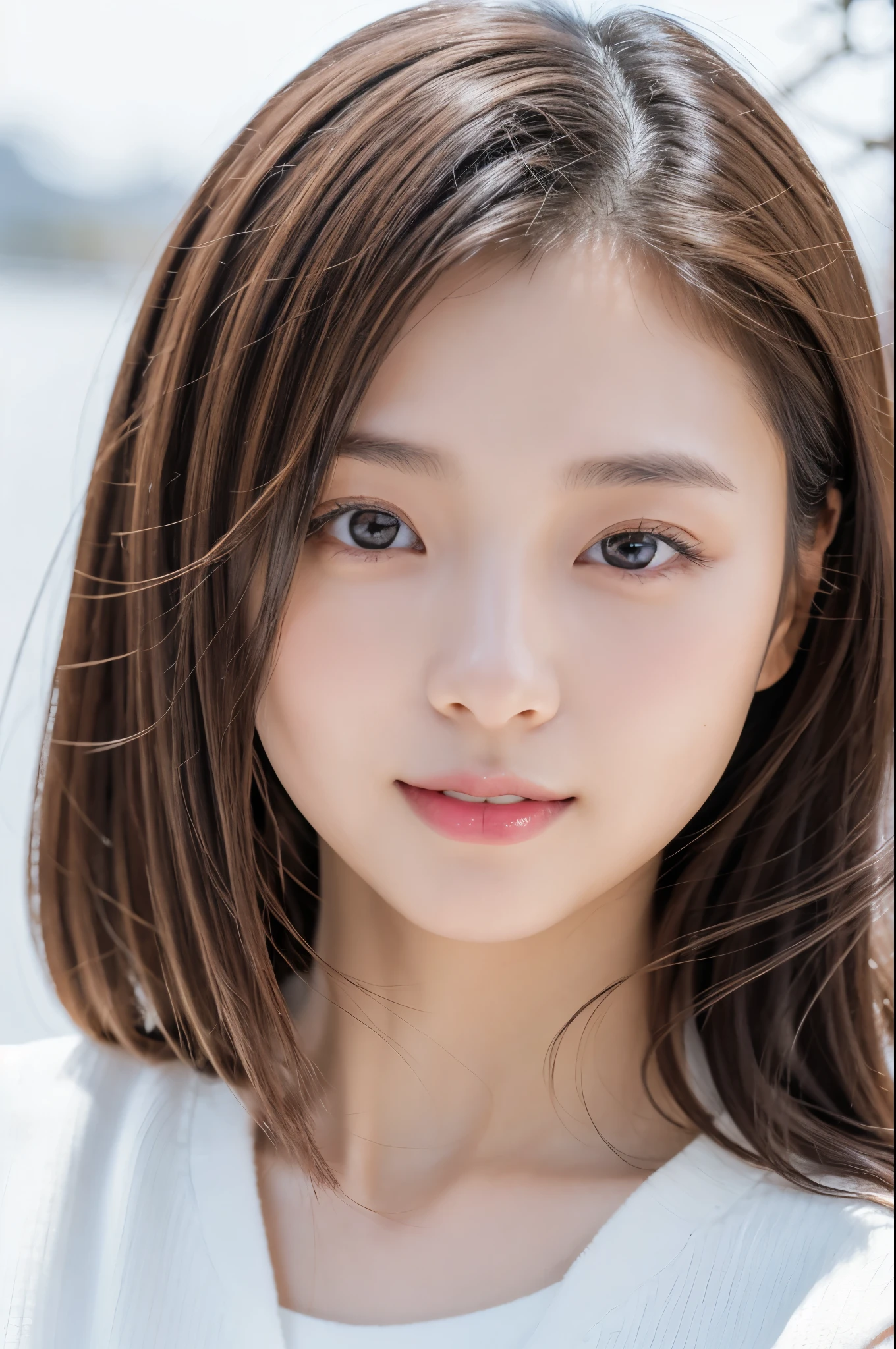 Young japanese lady, 30s, White background, It features a simple背景, white-brown hair, slender, 4K, in 8K, High quality, Beauty, Beautiful eyes, It features a simple, High resolution,1 person,Beautiful skins,Beautiful skin,wearing a white knit,Winters,lipsticks,A slight smil