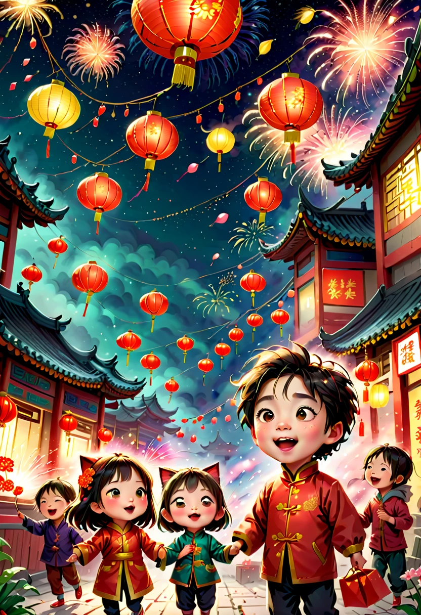 KidsRedmAF，(Tim Burton style)，(Illustration captures the essence of Chinese New Year)，(Lanterns and festoons)，It's snowing，In the joyful atmosphere of the Spring Festival，(5 children are setting off firecrackers and fireworks)，(There are many fireworks in the sky)，The picture is beautiful，(Detailed and vivid children&#39;s hand-drawn illustrations)，Show character expressions，1 kitten watching