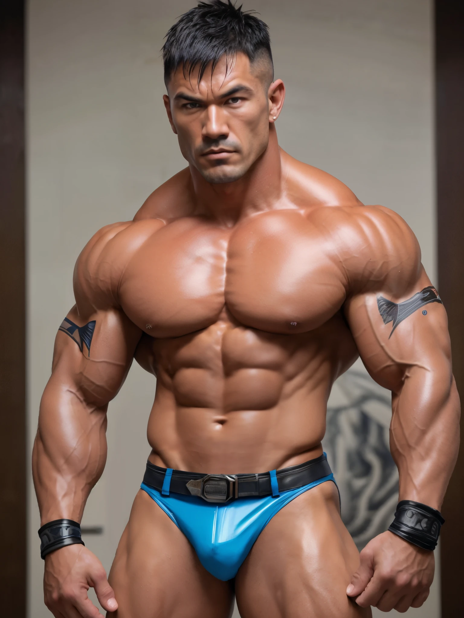 arafed man in blue underwear posing for a picture, bodybuilder body, extremely muscular, bulging muscles, bodybuilder posing, muscular character, bodybuilder, exaggerated muscle physique, bodybuilder physique, muscular male, strong and muscular, strong and imposing, big muscle, very muscular, muscular characters, chiseled muscles, japanese action figure, sexy muscular upper body