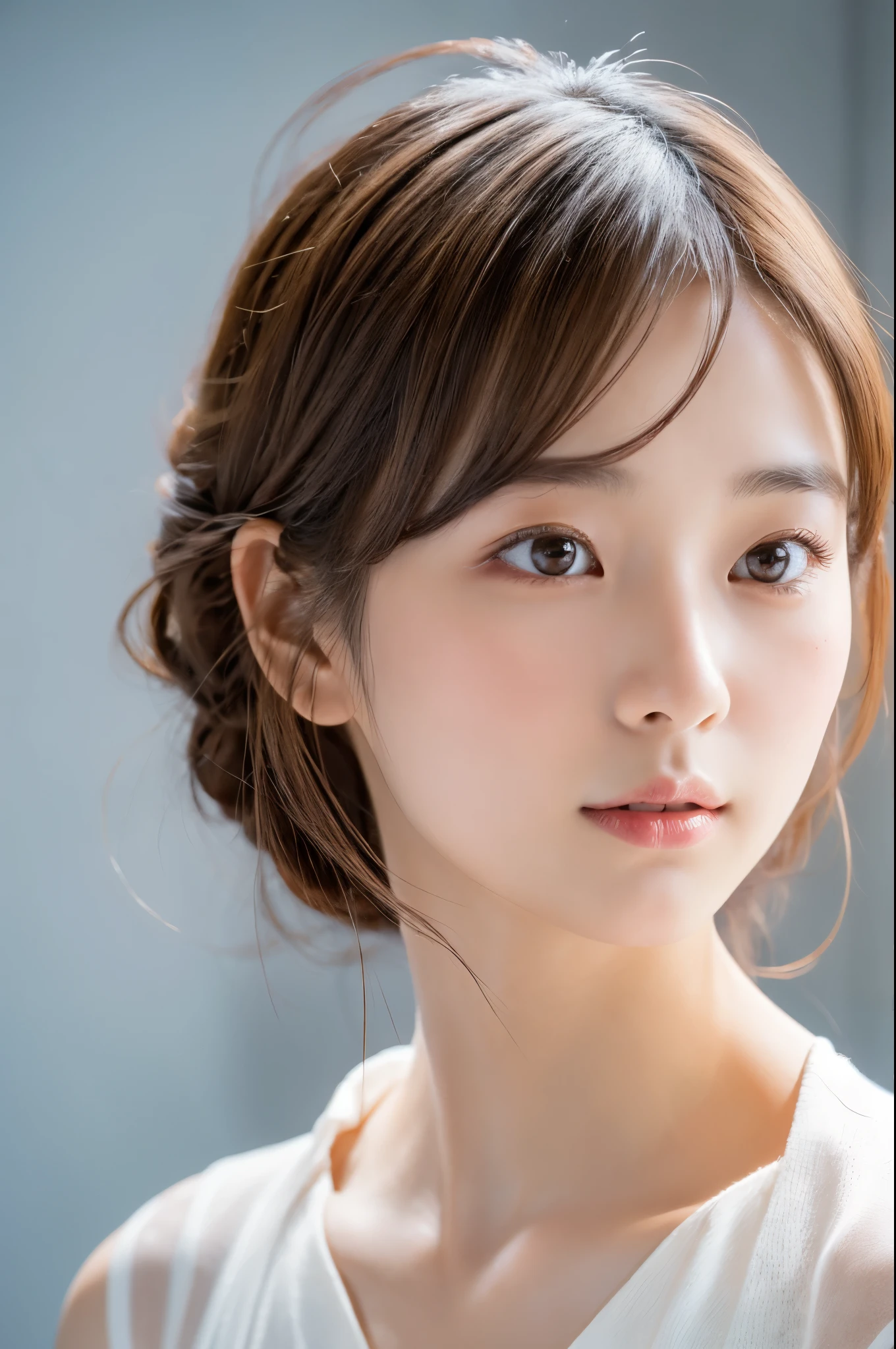 Young japanese lady, 30s, White background, It features a simple背景, white-brown hair, slender, 4K, in 8K, High quality, Beauty, Beautiful eyes, It features a simple, High resolution,1 person,Beautiful skins,Beautiful skin,wearing a white knit,Winters,lipsticks,A slight smil,profile