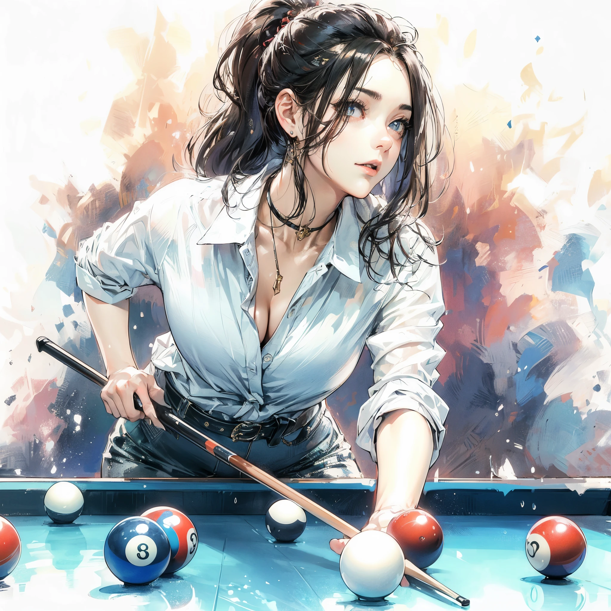 (Best Quality, masutepiece),ultra detailed photographic,1girl in, Women's billiard athlete ,Large breasts,nice legs, At billiard venue,Detailed beautiful face,Beautiful eyes,detailed hairs,detailed  clothes,Detailed realistic skin,Cool,Dynamic Angle,