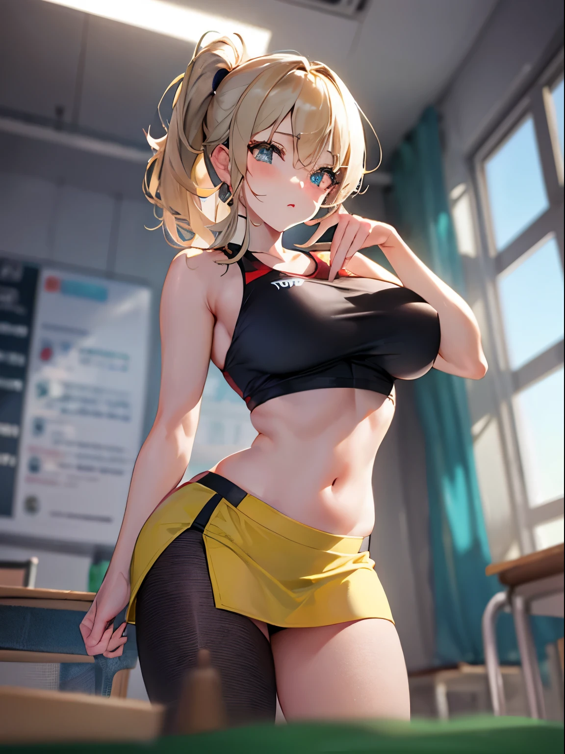 top-quality、realistic touch,high-detail、photoRealstic、thin-waist、captive beauty、big eye、solid platinum-blonde eyelashes、platinum-blonde、full body Esbian、Sparkling eyes, cheeks flushed、thin-waist、In the classroom of the school、She is in estrus、cocky expression、Super short skirt with V-line visible、Sleeveless、Navel look、small tits、Ponytail hair style、sexy gym clothes that is extremely short in length、Colossal tits、big butts、Angle from below、Big breasts visible between uniform and stomach、sexy pose、Clothes that are thin and see-through、Embarrassed look