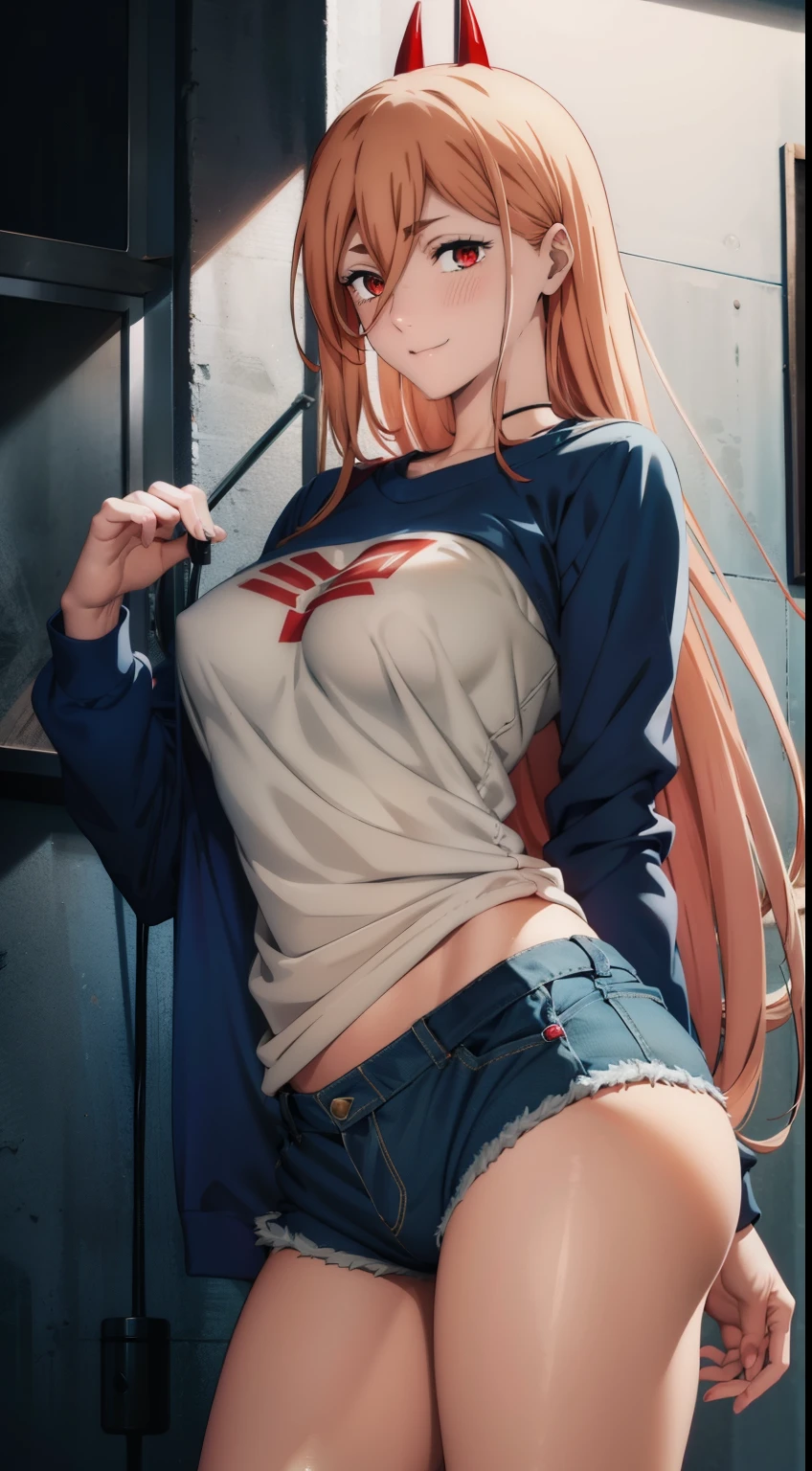 Blue Sweatshirt Jacket, ultra sharp image, Beautiful figure, sexypose, Brandishing a large red hammer, ultra detail face, Ultra Transparent, Chainsaw Man Energy, red horns, Sharp Pyramidal Horns, Long triangular horns, ultra sharp image, Ultra Beautiful, beautiful breasts. blonde woman, Beautiful figure, taut clothes, white shirt, tucked-up jeans, Shoes, Smiling, red-eyes, Red crosses and circles instead of pupils, handsome body, Beautiful little breasts, sexy clothes, Beautiful eyes, very detailed eyes, Very detailed face, handsome body, Cherecter Desing, Sex position, Very detailed, Detailed body, Detailed hands, Detailed, Vibrants, Detailed Face, sharp-focus, WLOP, artgerm, anime art, Vibrants, Detailed Face, Hugh Details, sharp-focus, Very drooping face, A detailed eye, super fine illustration, better shadow, finely detail, Beautiful detail