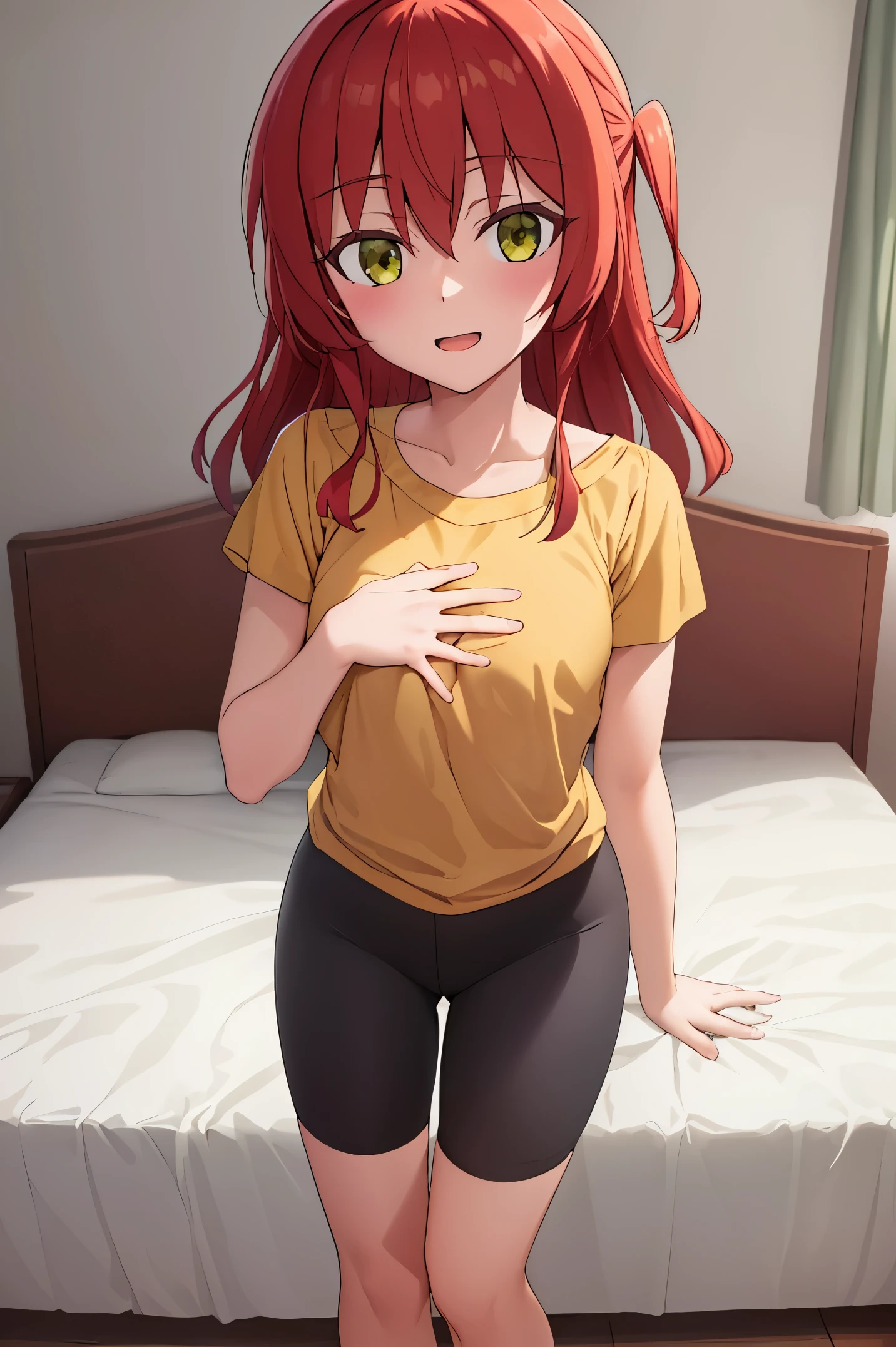1 girl, best quality, ultra high res, long hair, red hair, green eyes, looking at viewers, small breast, standing, pov, slim body, loli body, small body, smile, open mouth, yellow shirt, short sleeves, bike shorts, bedroom, white bed sheets,