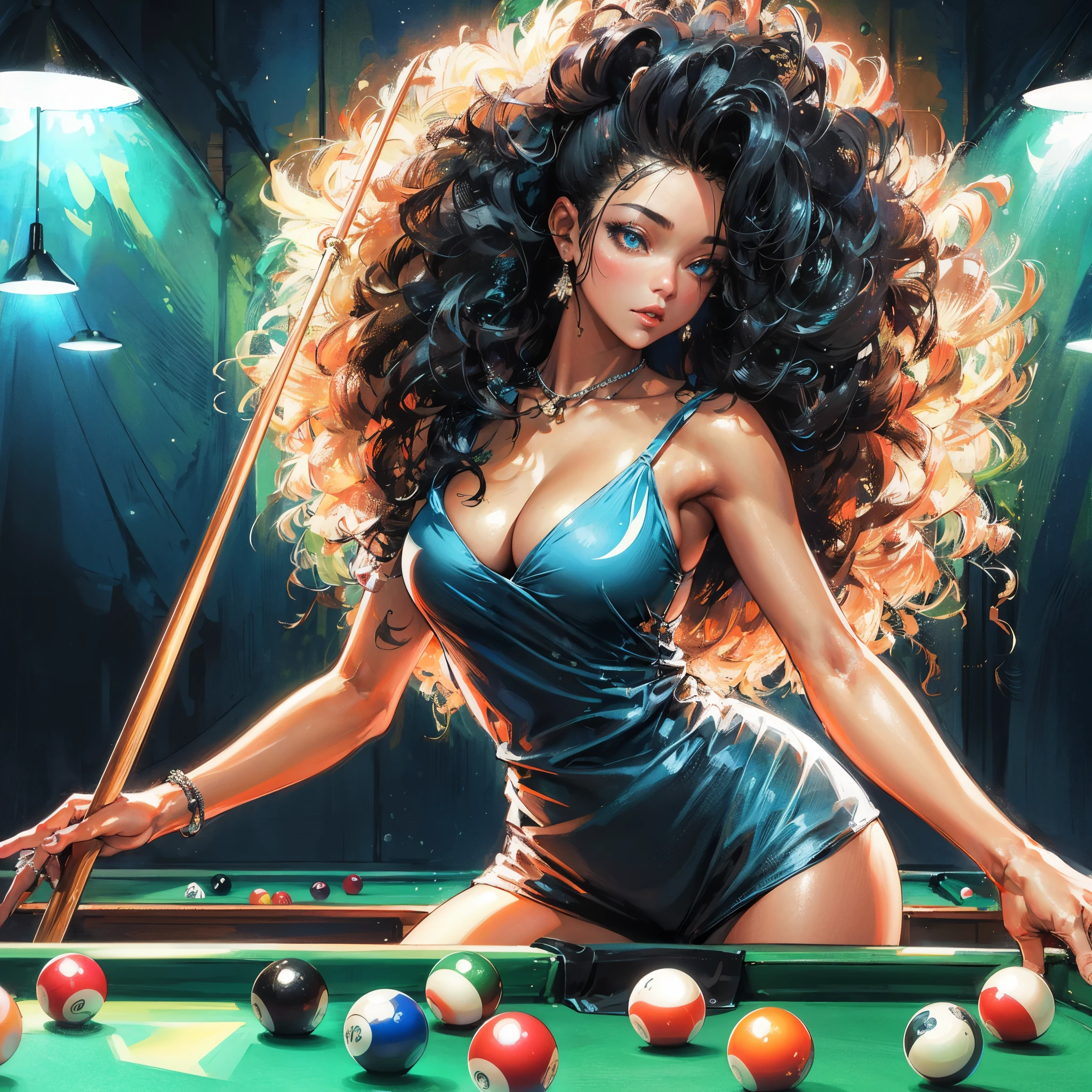 (Best Quality, masutepiece),ultra detailed photographic,1girl in, Women's billiard athlete ,Large breasts,nice legs, At billiard venue,Detailed beautiful face,Beautiful eyes,detailed hairs,detailed  clothes,Detailed realistic skin,Cool,Dynamic Angle,