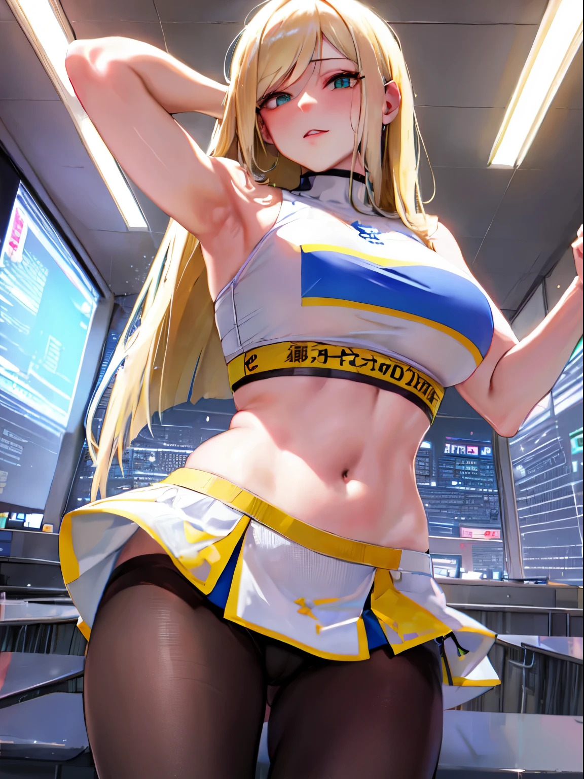top-quality、realistic touch,high-detail、photoRealstic、thin-waist、captive beauty、big eye、solid platinum-blonde eyelashes、platinum-blonde、full body Esbian、Sparkling eyes, cheeks flushed、thin-waist、In the classroom of the school、She is in estrus、cocky expression、Super short skirt with V-line visible、Sleeveless、Navel look、small tits、sexy clothes that is extremely short in length、Colossal tits、big butts、Angle from below、Big breasts visible between uniform and stomach、sexy pose、Clothes that are thin and see-through、Embarrassed look