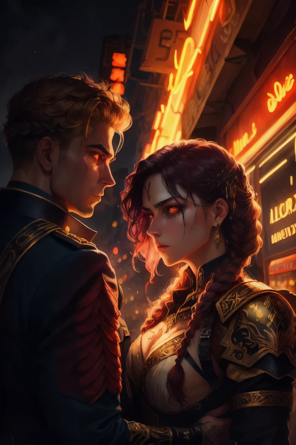 A soldier clad in a striking gothic outfit, adorned with intricate gold embroidery and ornate trims. The portrait shot captures their detailed face, highlighted by the warm, golden neon light that casts a dramatic glow upon their features. The soldier's eyes, painted with a smoky kohl, gaze intently into the distance, conveying a sense of mystery and power. Their lips, tinged with a deep crimson hue, are set in a determined line, revealing their steely resolve. The soldier's hair, styled into tight braids, cascades down their back, accentuating the strong angles of their face and the defined muscles of their shoulders. The background is dark and eerie, with a glimpse of a decaying cityscape visible through the golden haze, adding to the overall atmosphere of conflict and despair. The golden neon sign, shaped like a sword piercing a heart, hovers above them, seemingly echoing their tortured inner turmoil and the burden they bear as both a protector and a destroyer.