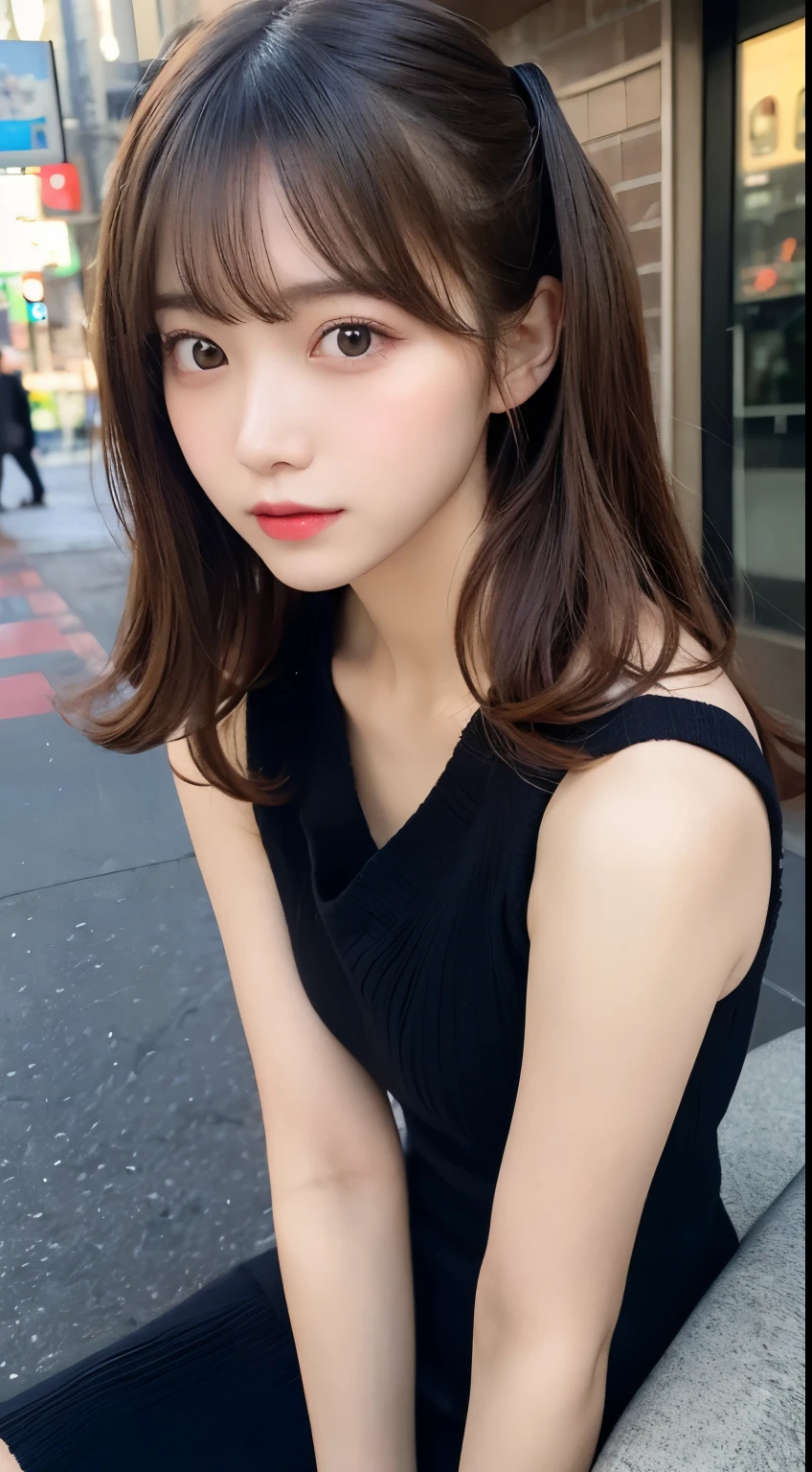 finely detail, hight resolution, hightquality、Perfect dynamic composition, Beautiful detailed eyes, Medium Hair, small tits、Natural Color Lip,Kamimei、Shibuya、20 years girl、1 persons、Transparent skin、Glowing hair、masutepiece, Best Quality, Illustration, Ultra-detailed, finely detail, hight resolution, 8K、The correct state of the human body、Randomly cute poses,pigtails hair,beauty legs,Perfect beautiful face,KPOP Idol Face,Face that feels ecstasy,Black Knitted Dress,Background blur,Randomly do sexy poses,natta