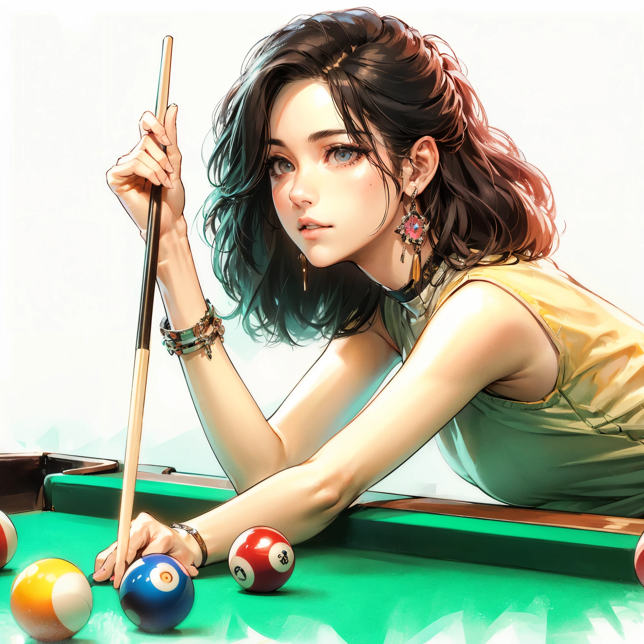 (Best Quality, masutepiece),ultra detailed photographic,1girl in, Women's billiard athlete ,Large breasts,nice legs, At billiard venue,Detailed beautiful face,Beautiful eyes,detailed hairs,detailed  clothes,Detailed realistic skin,Cool,Dynamic Angle,