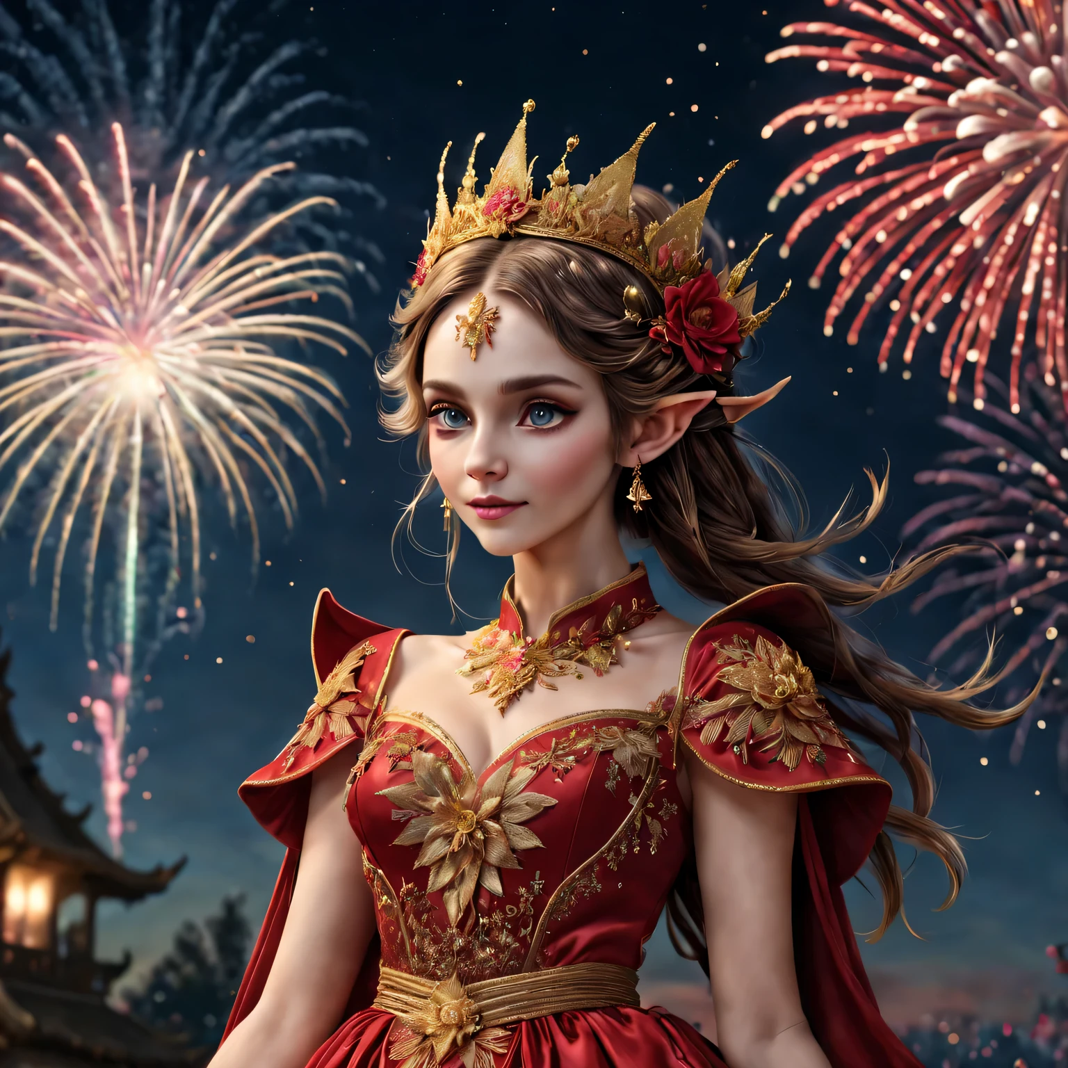 wide wide shot,Expansive night sky,new year,(A grand fireworks display),Beautiful Elf Queen,Spring dress,having fun,red tint,Golden wire,Flower embroidery,(Best quality at best,4K,A high resolution,tmasterpiece:1.2),ultra - detailed,(actual,photoactual,photo-actual:1.37),