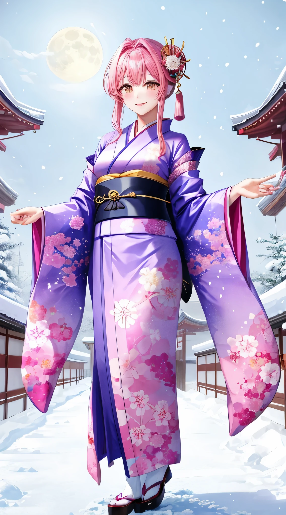 1 moon　Kimono　Yuki　Yuki景色　花魁　Yukiだるま追加　Hair colorpink　Dazzling　A Japanese style　snowscape