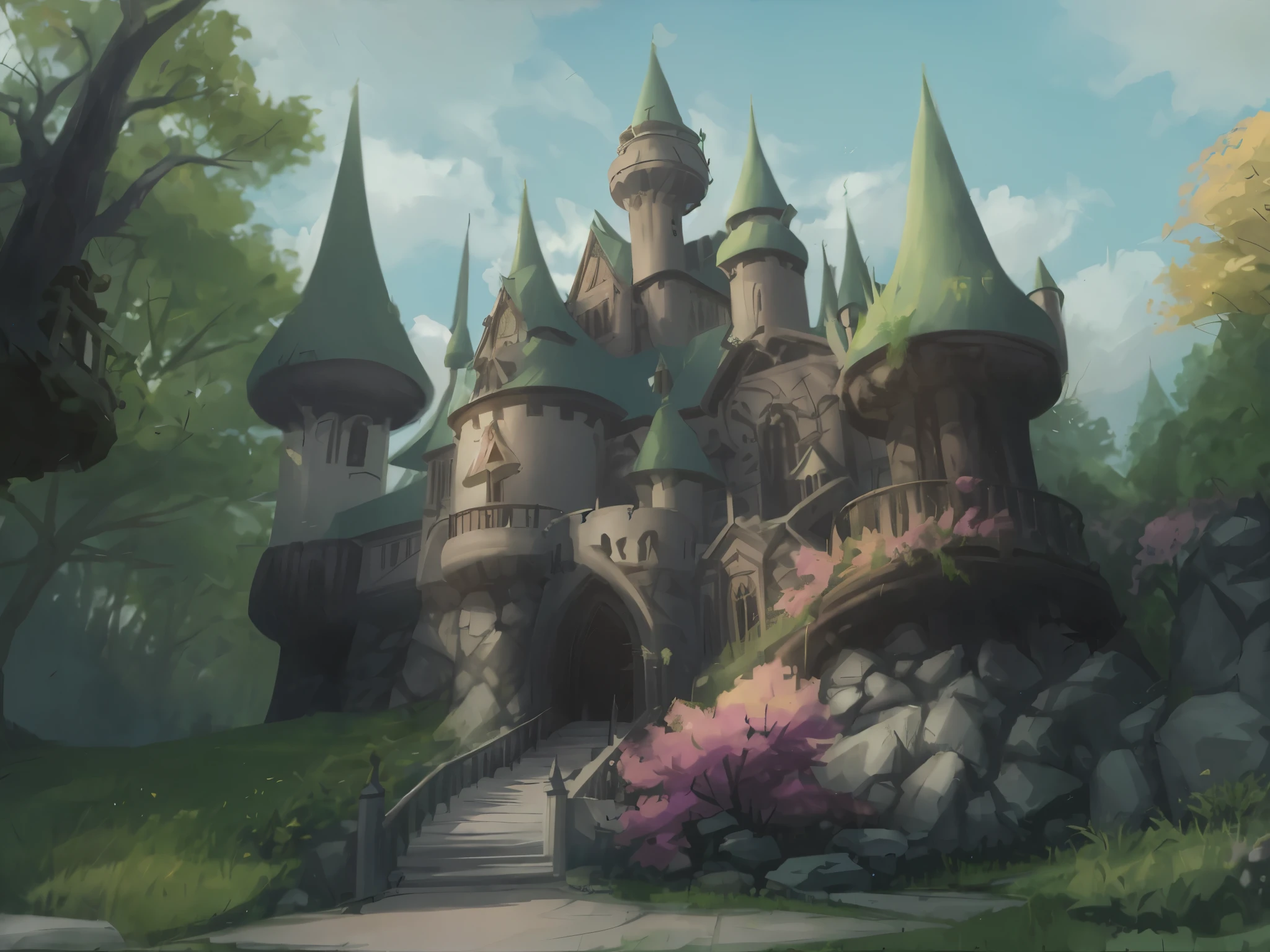 the good,fairy tale style,hyper realisitc,high high quality,tmasterpiece,ultra - detailed,Wandering in Wonderland,Sunnyday,deep shaping,A lot of detail,Grass roof,castle stone texture